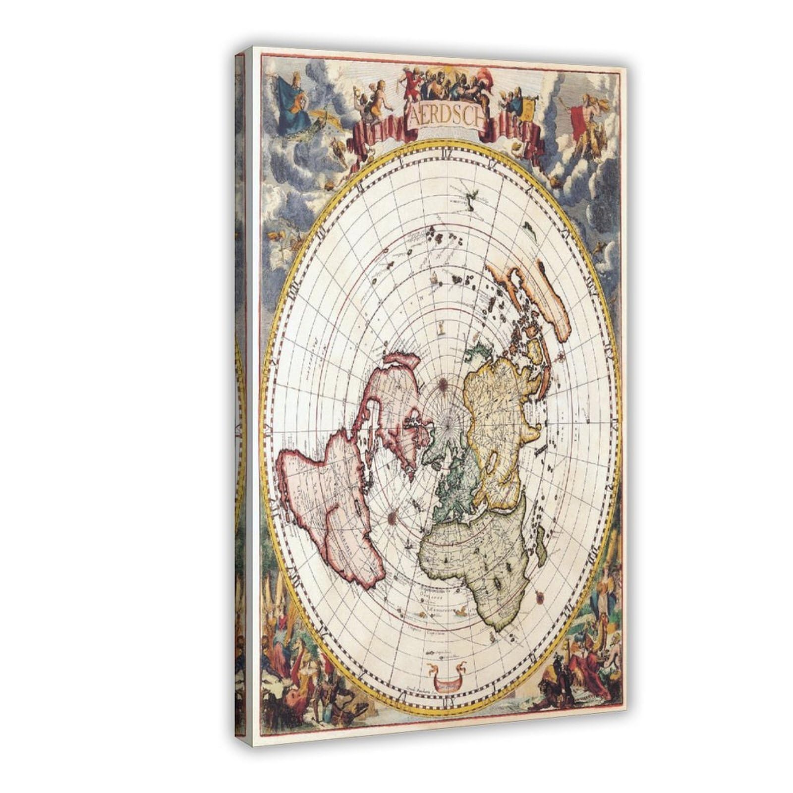 WCYB Flache Erde Weltkarte Vintage – Jacob Harrewyn – Polar-Azimut-Projektionsdrucke, Poster, Leinwand, Dekoration, Gemälde, Wandkunst für Büro, zum Aufhängen, Rahmen, 40,6 cm