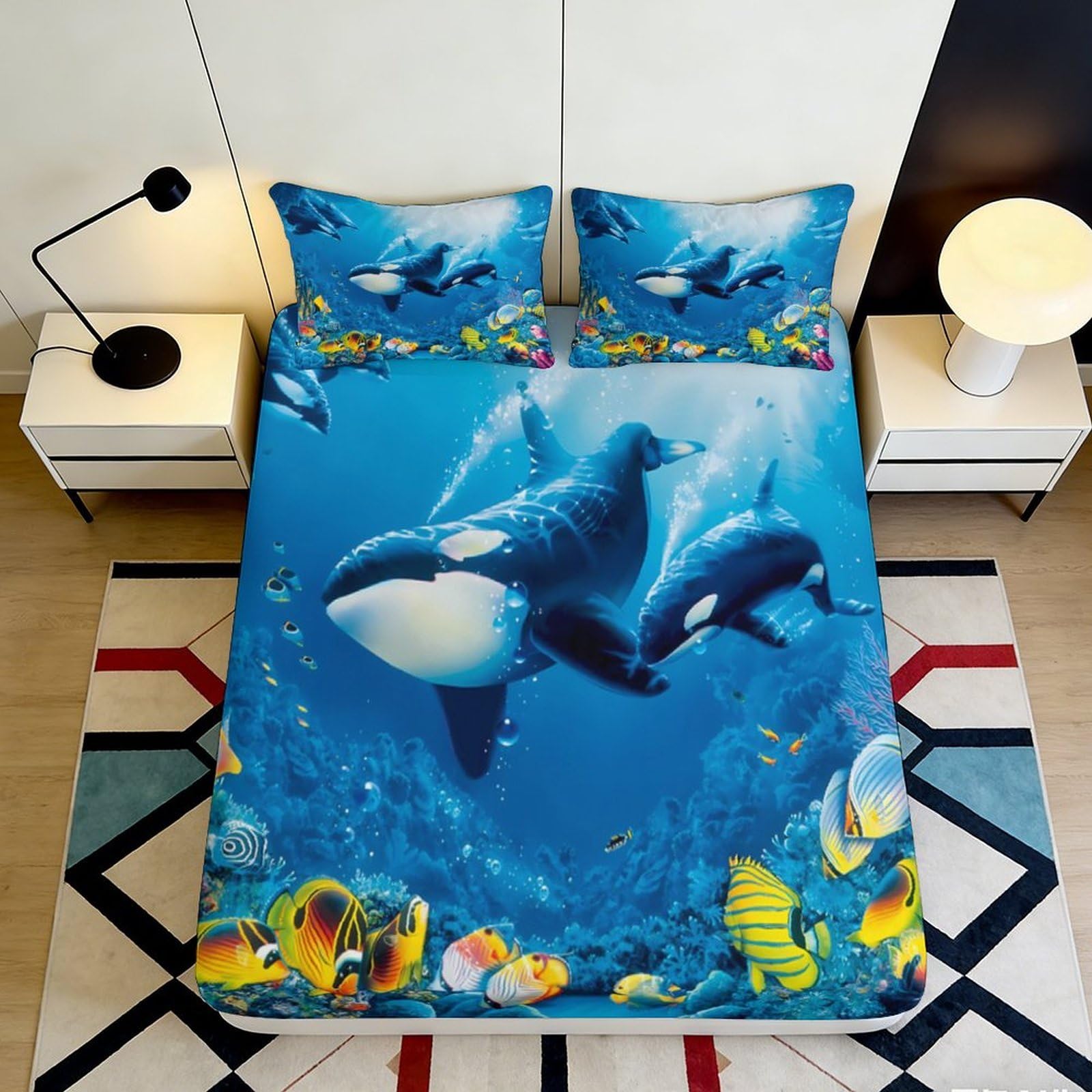 3D Printed Ocean Whale Fitted Sheet Microfiber Soft Blue Sea Mattress Cover for Bedroom Dorm Decor Mattress Protection 90x200x25cm