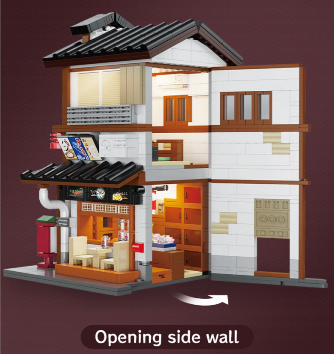 CaDA Izakaya building block set with its side wall opened, revealing the interior.