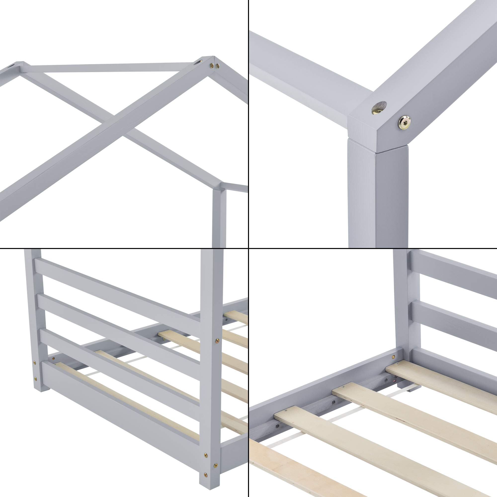 [en.casa] Letto a Casetta per Bambini Letto per Cameretta Struttura in in Legno di Pino in Stile Montessori Zona di Riposo 90x200 cm Grigio
