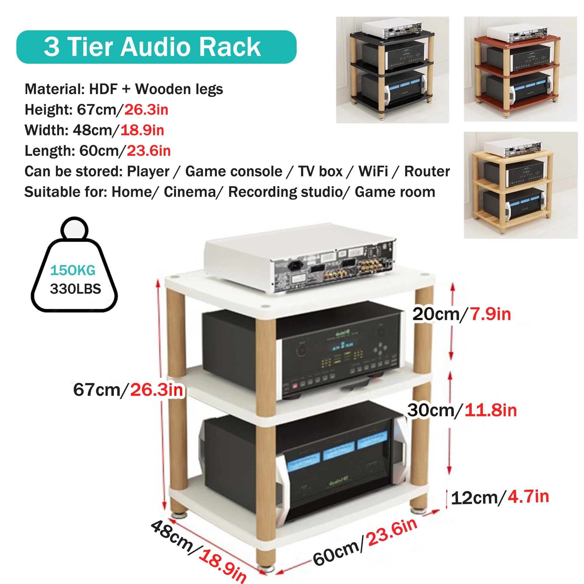 Generico Mobiletto Audio Stereo in Legno - Supporto per Torre multimediale AV a 2/3/4 Livelli per Console per Videogiochi, Porta Dvd e ripiano per Giradischi HiFi, Centro di intrattenimento per soggi