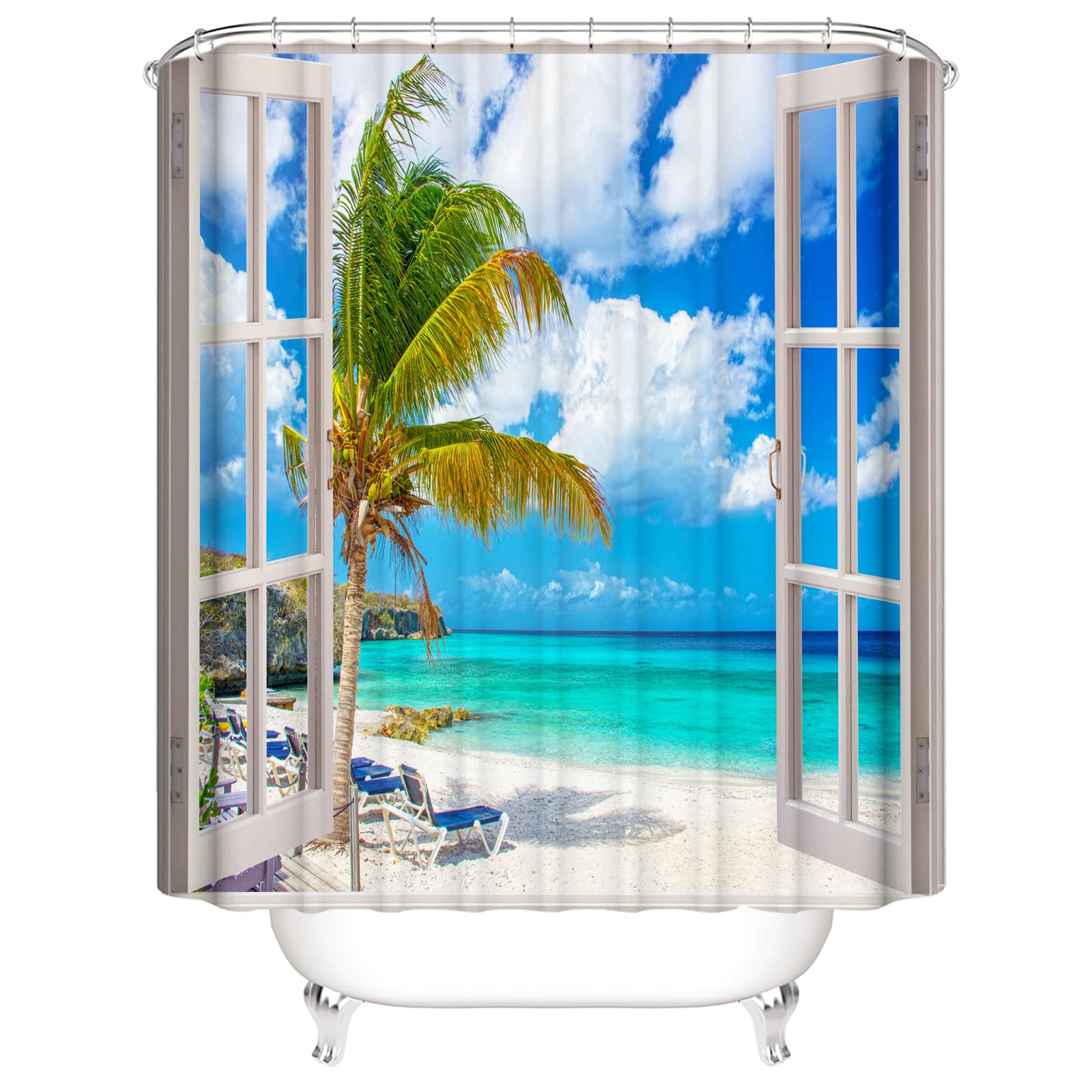 OCEUMACO 3D Ocean Beach Shower Curtain Wet Room Tropical Window View Sea Scenery Shower Curtains Bathroom Blue Outdoor Palm Leaves Bath Curtain Mould Proof Resistant Washable 180 x 200 cm