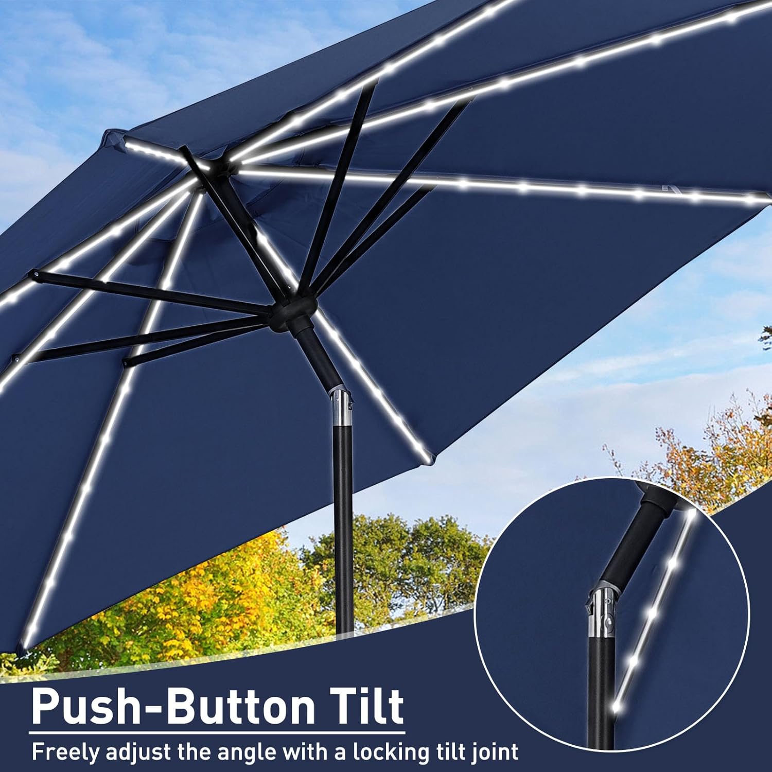 GDY 10 ft Solar Patio Umbrella with Base, 8 Ribs 8 LED Strip Lights and Push Button Tilt & Crank Outdoor Table Umbrella (Navy Blue)