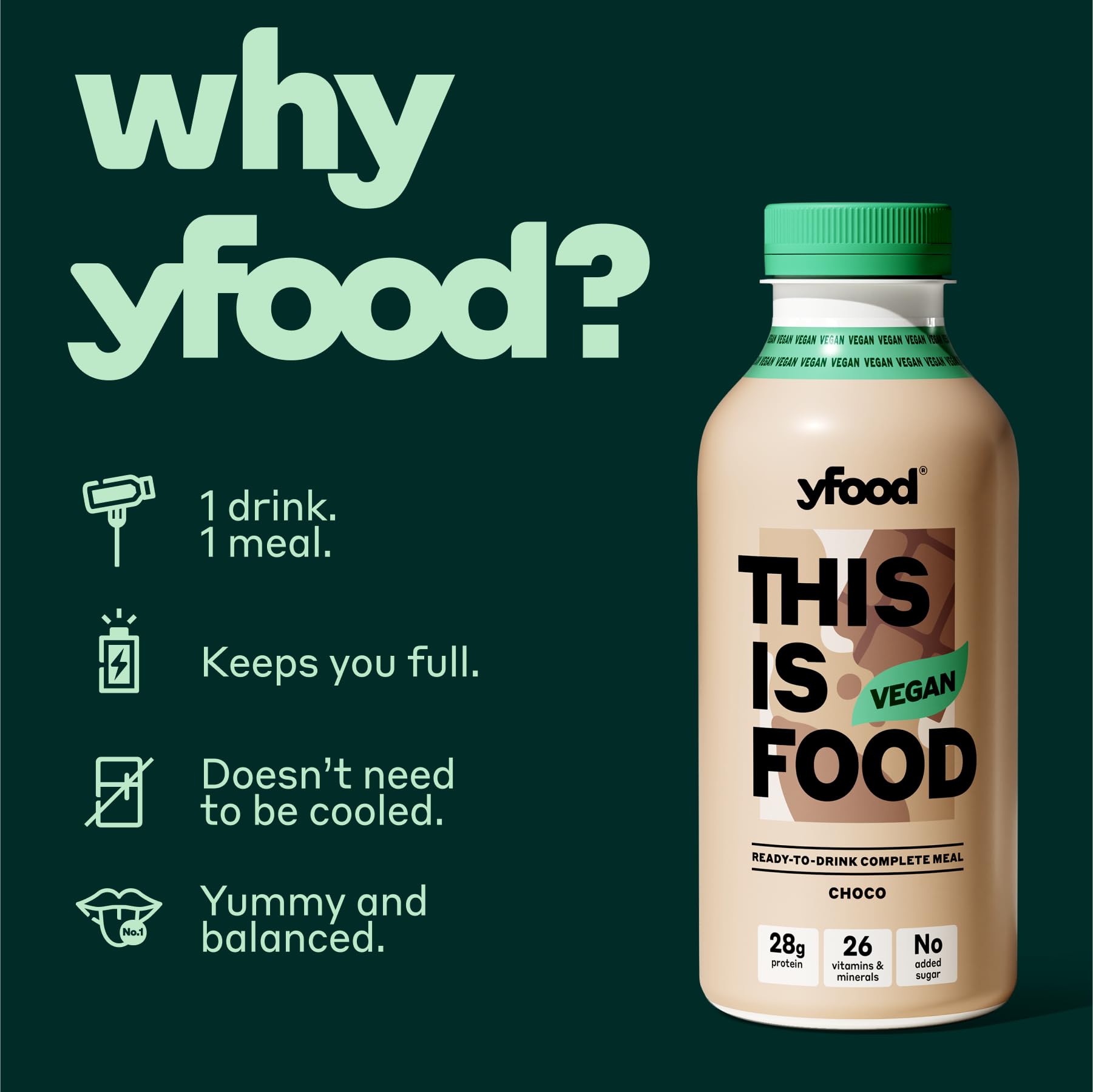 yfood Vegan Choco | repas prêt à boire | THIS IS FOOD | substitut de repas | 34 g de protéines, 26 vitamines et minéraux (12 x 500 ml)