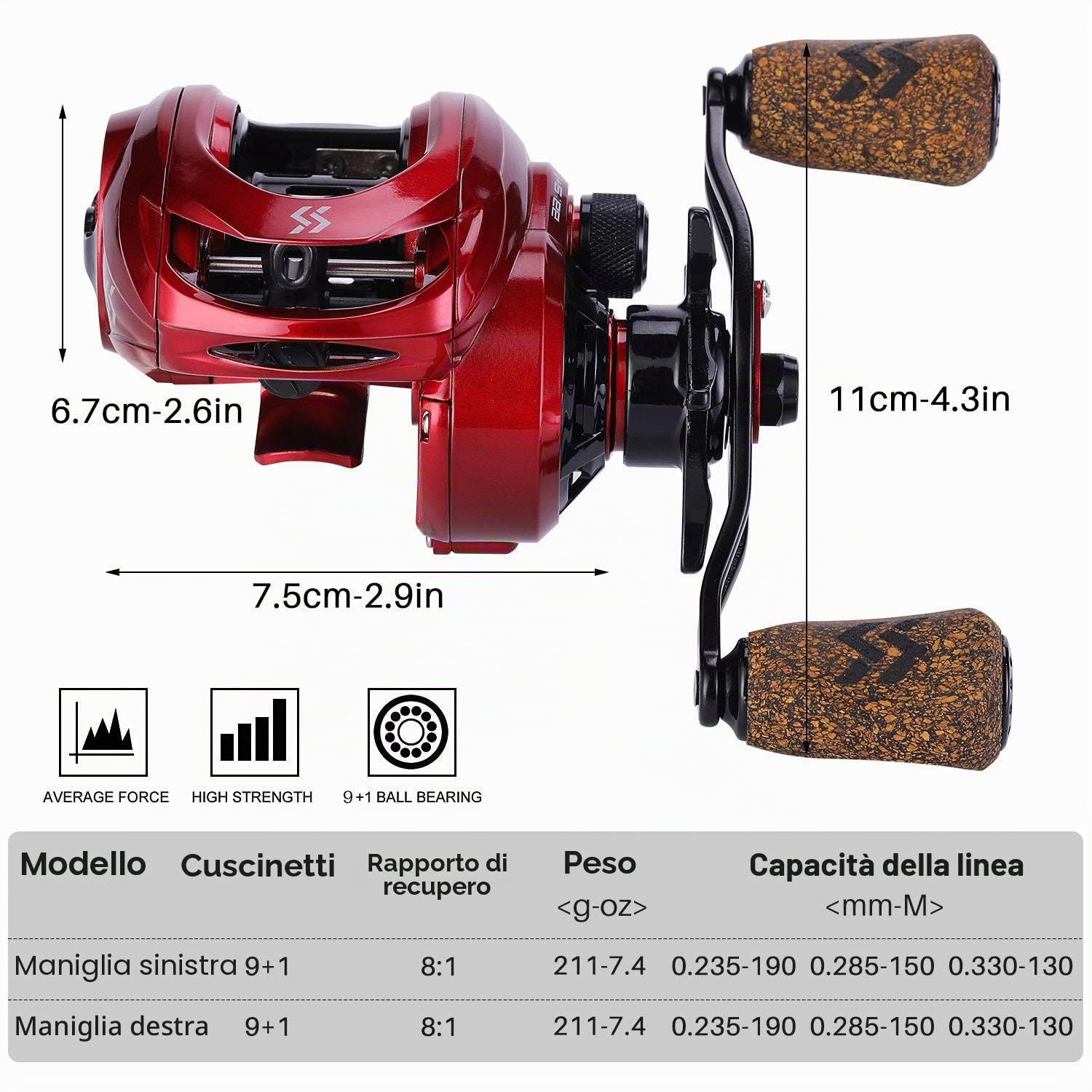 Sougayilang - Mulinelli per baitcasting, rapporto di recupero: 8:1, con sistema di frenatura magnetica, mulinello da lancio, 9+1 cuscinetti a sfera, super liscio, anti-corrosione