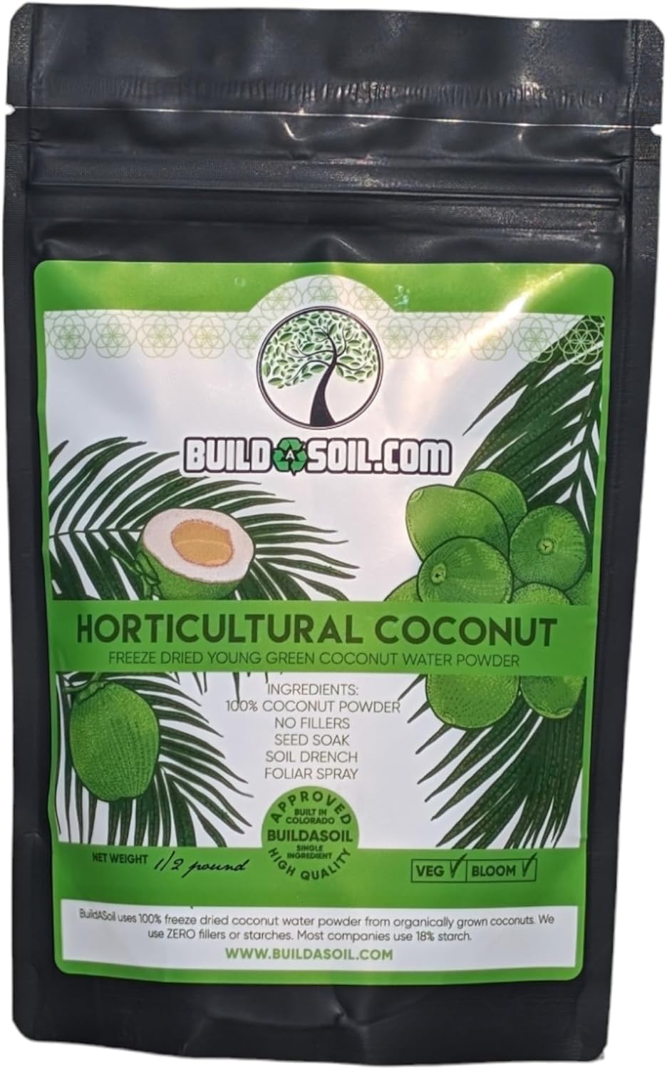 BuildASoil Coconut Water Powder for Garden - Raw Freeze Dried Organic (½ lb)