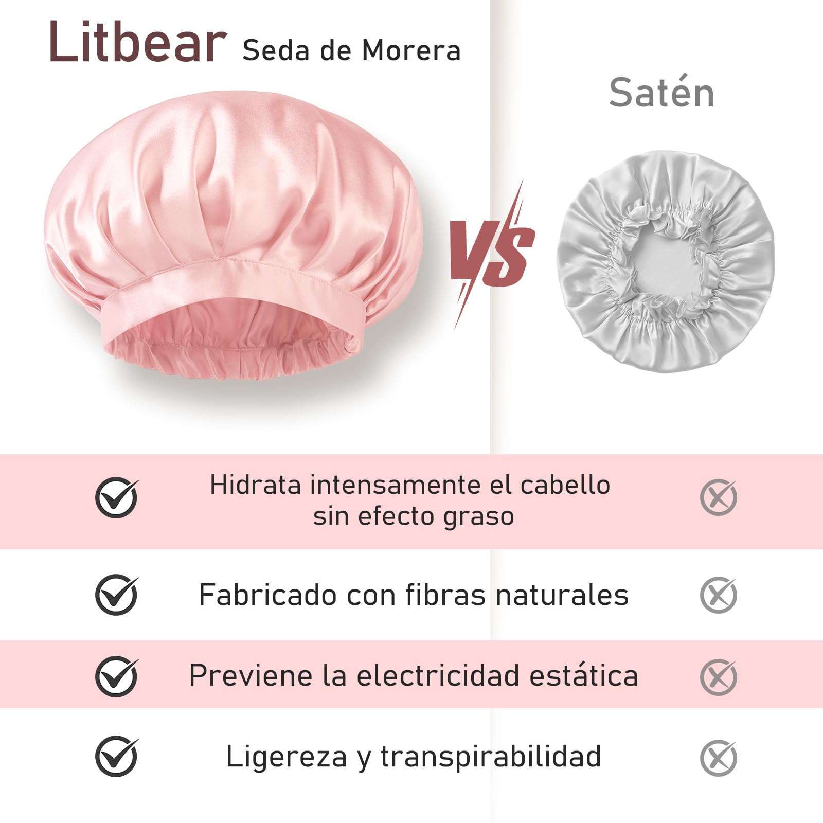 LitBear Gorro de Seda de 22 Momme para Dormir – Gorro de Dormir de 100% Seda de Morera, capó de Seda con Banda elástica, Gorro Transpirable y Ajustable para el Pelo Rizado