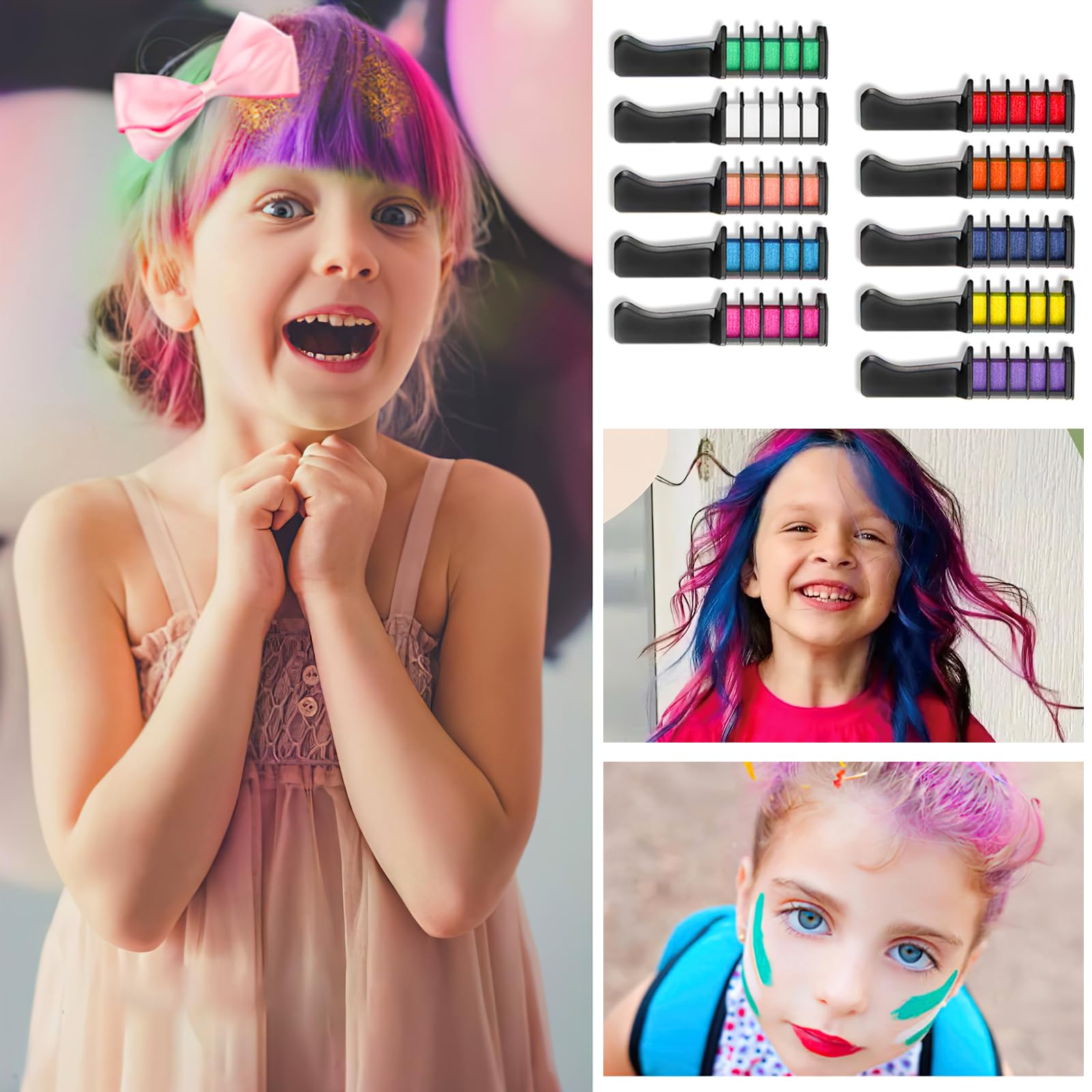 Set di 10 gessetti per capelli temporanei, per capelli, non tossici, per ragazze, tatuaggi glitterati, per carnevale, cosplay, feste, Natale e Halloween