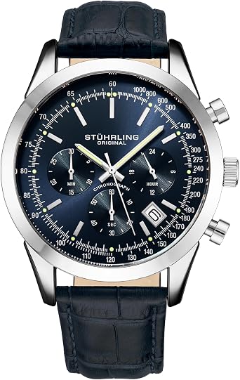 Stuhrling Original Mens Watch Chronograph Analog Blue Dial with Date - Tachymeter 24 Hour Subdial Mens Blue Leather Strap - Mens Watches Rito Collection, Blue, Rialto