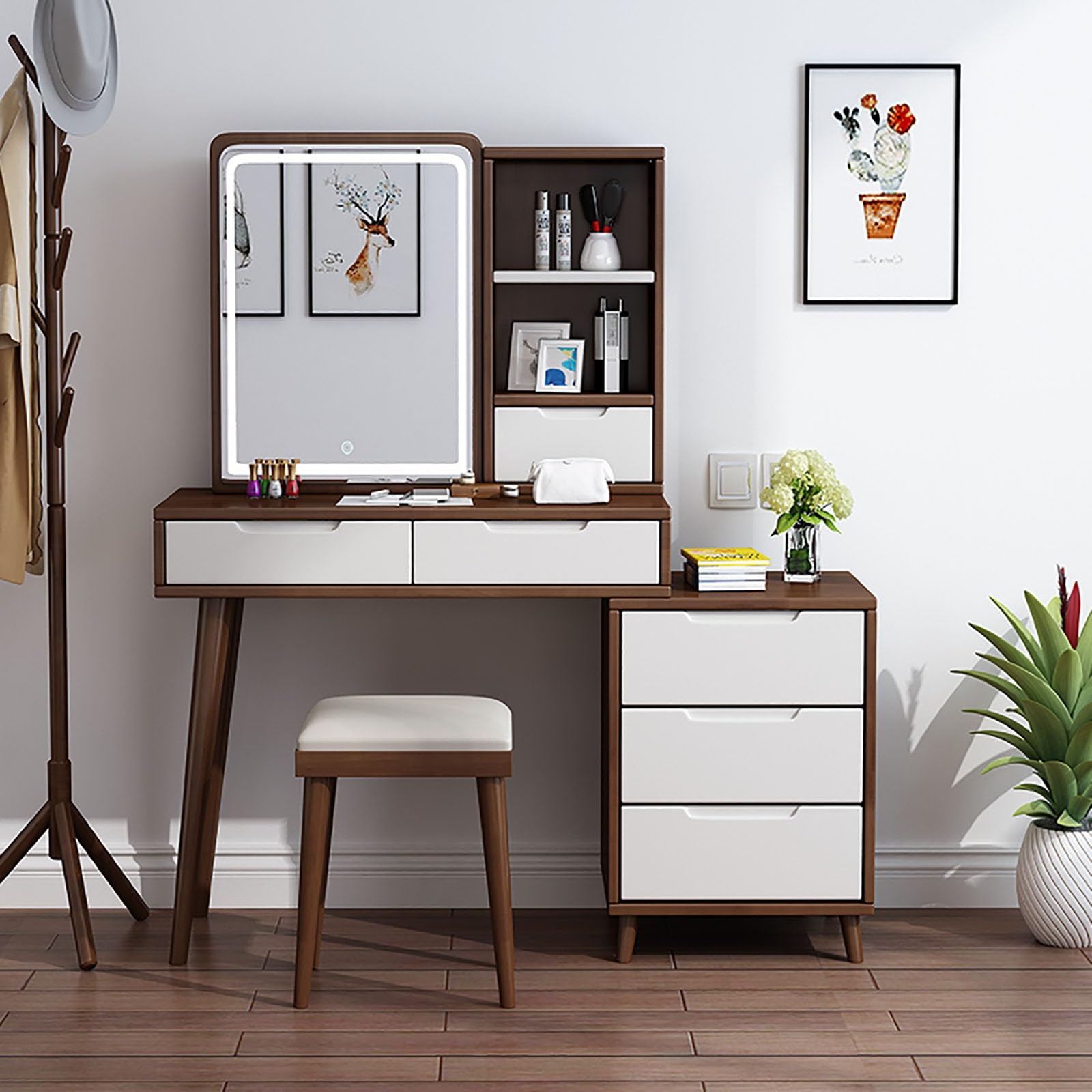 asdchZen Elegant Vanity Table Set With Mirror & Stool, 6 Drawer Makeup Desk, Large Top Dressing Table For Beauty Essentials, Durable Natural Finish, Ideal For Home Decor,Walnut