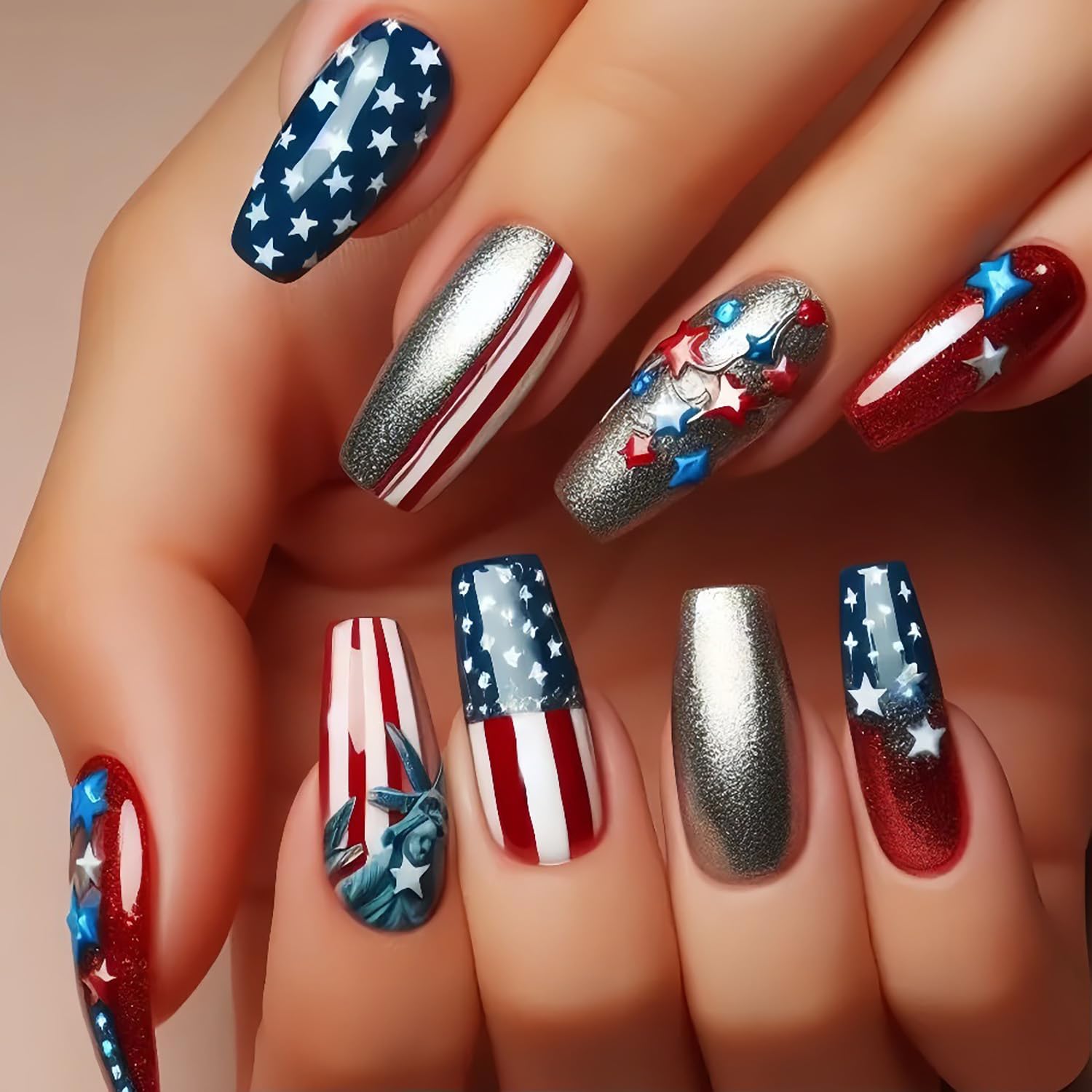 Independence Day Press on Nails Long Square Fake Nails Red Blue Star Stripe Design 4th of July False Nails Glitter Stick on Nail Gradient Glue on Nail
