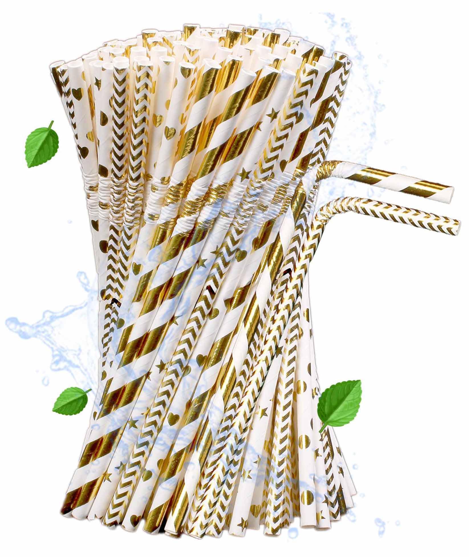 Xyedyaup 100 White Drinking Straws Paper Flexible Straw Biodegradable Children's Drinking Tube Golden Paper Straws 19.7 cm x 6 mm Straw