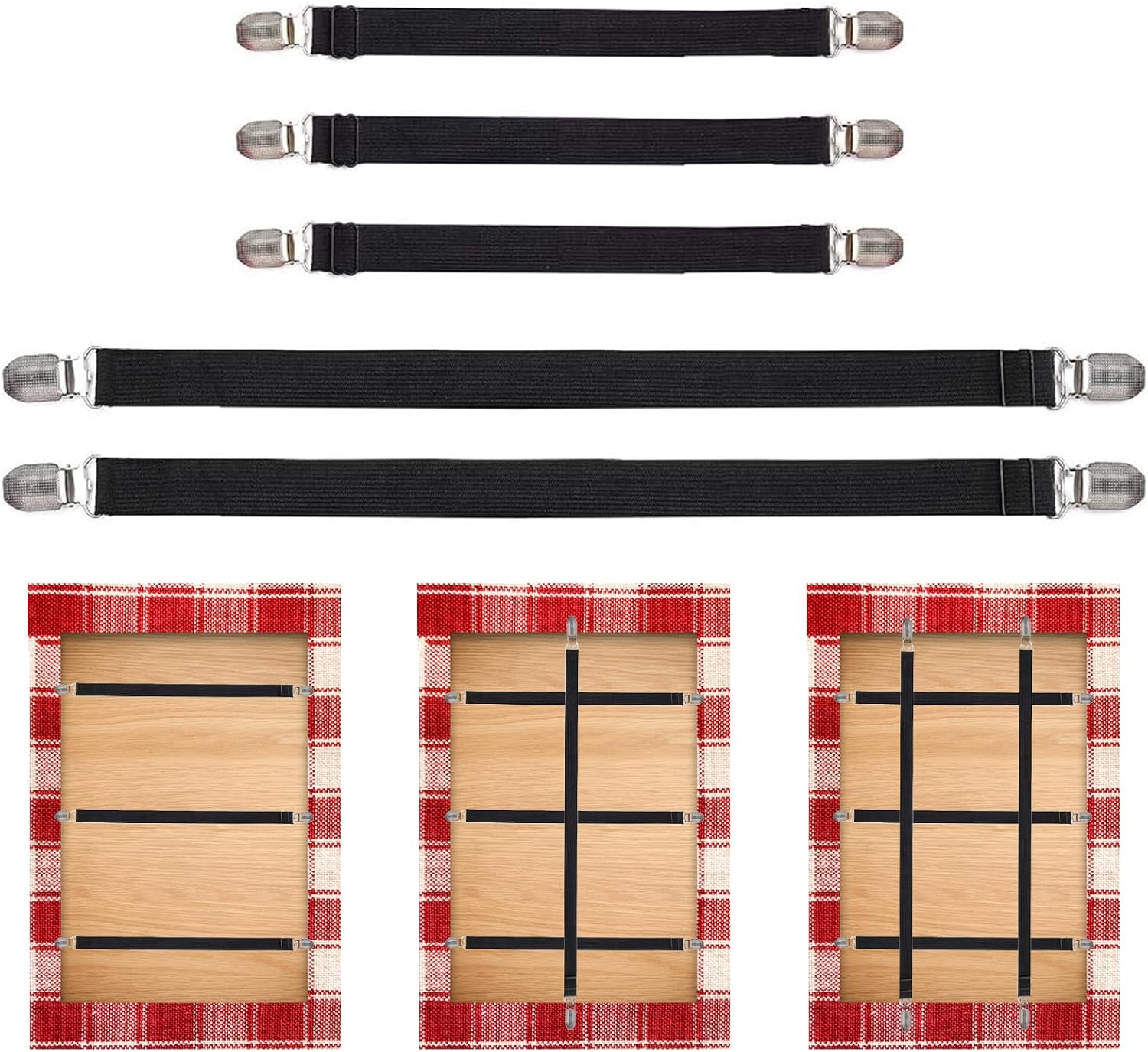 Table Cloth Holder Clips Hidden Strap 5 Pack - Adjustable Elasticity Picnic Tablecloth Clip Perfect for Thick Tables Bench Cover Picnic Party Camping and RV Accessories