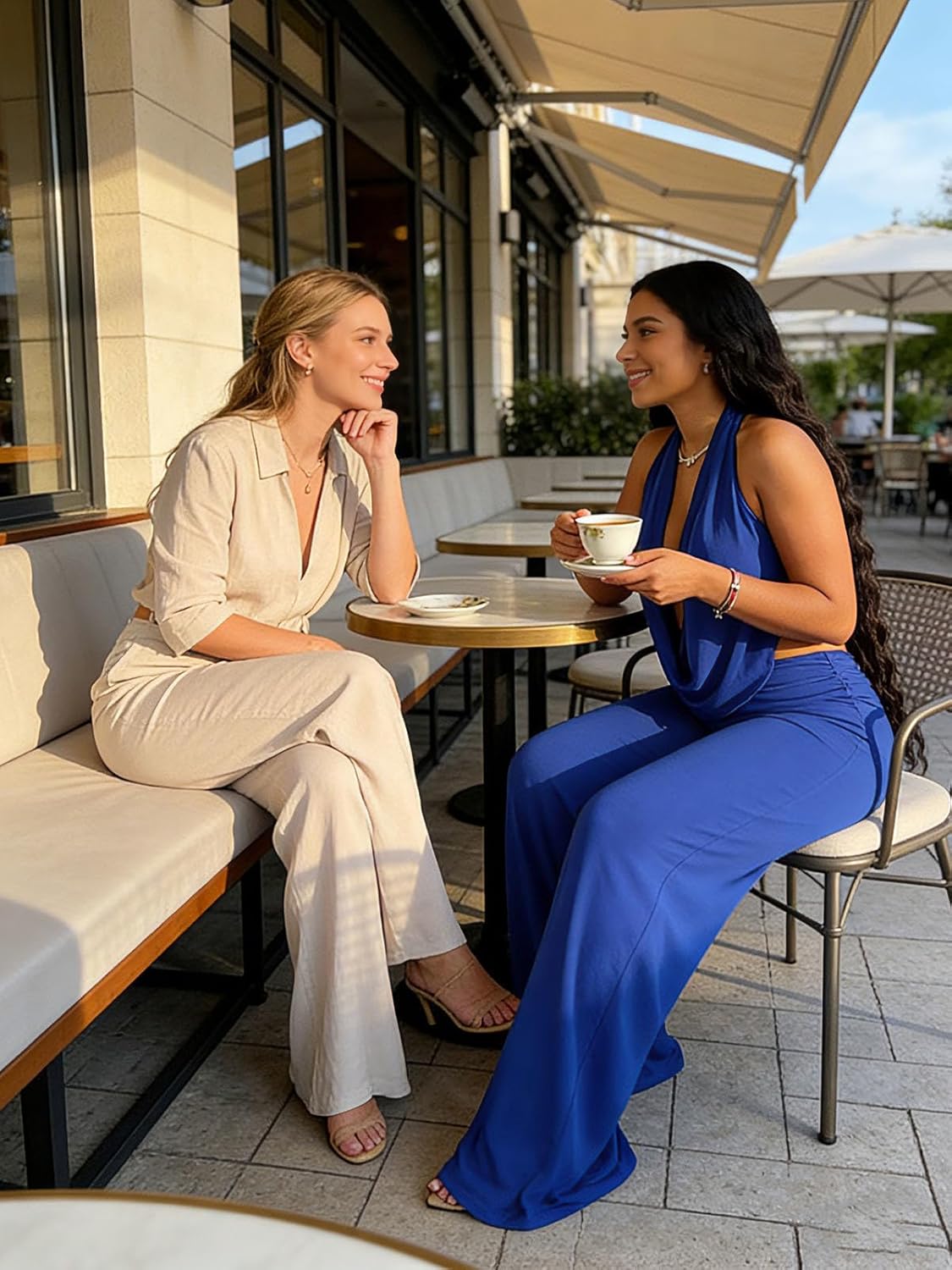 Sexy Two Piece Club Outfits for Women Sheer Mesh Halter Deep V Neck Backless Top Wide Leg Long Pants Party Sets - Image 5