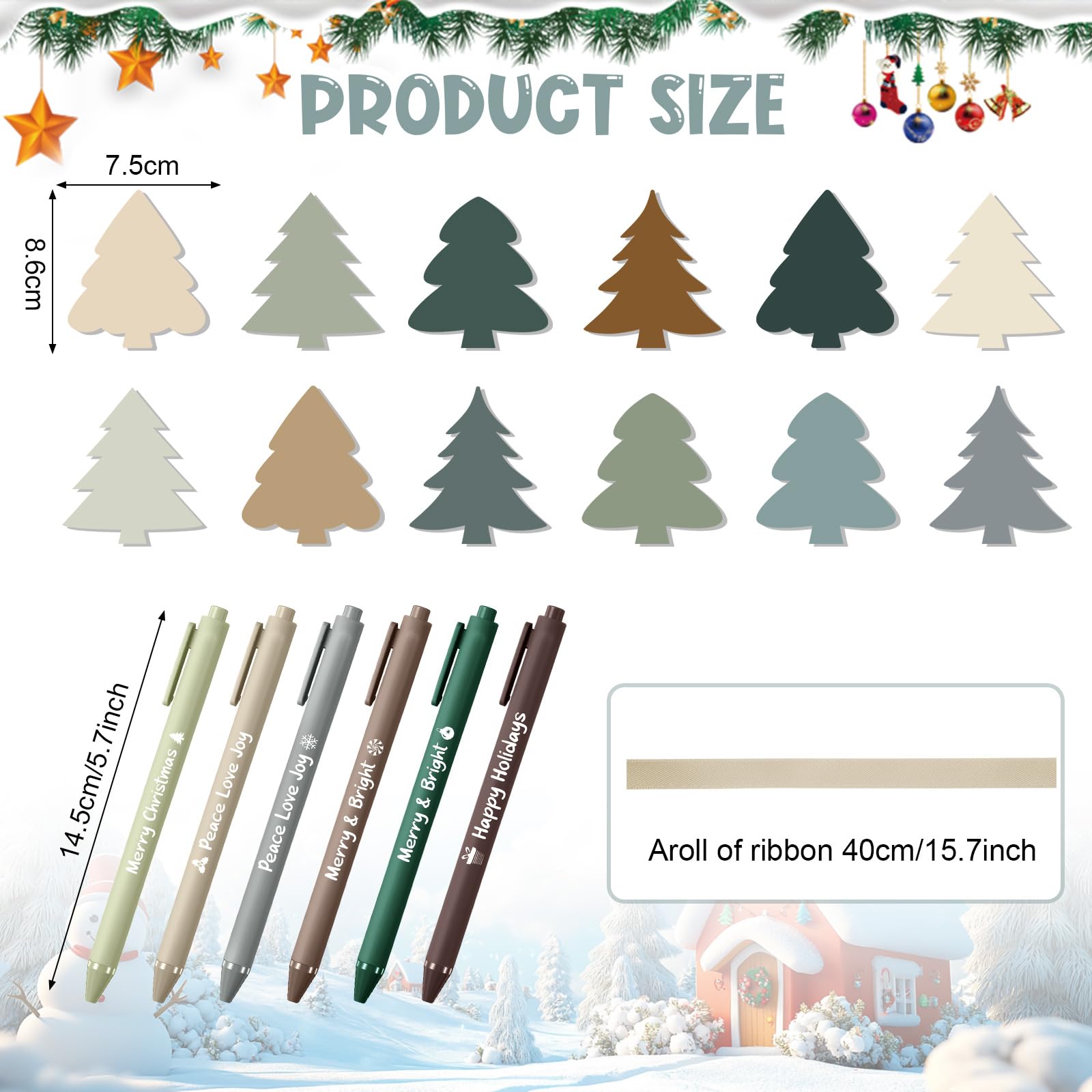 Lot de 96 notes adhésives et stylos de Noël, 48 blocs-notes, 48