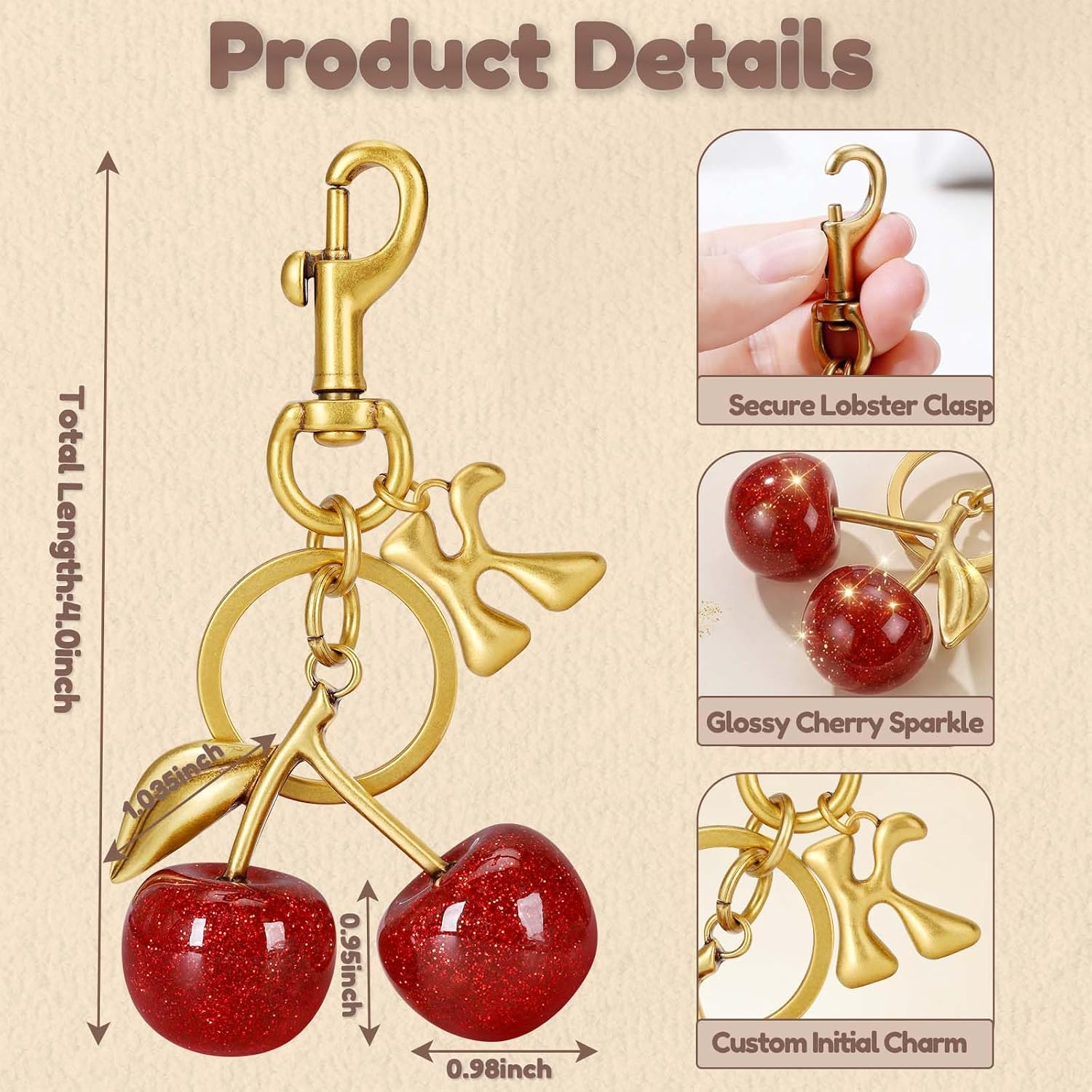Cherry Initial Bag Charm for Handbags, Purse Charm Keychain image 4
