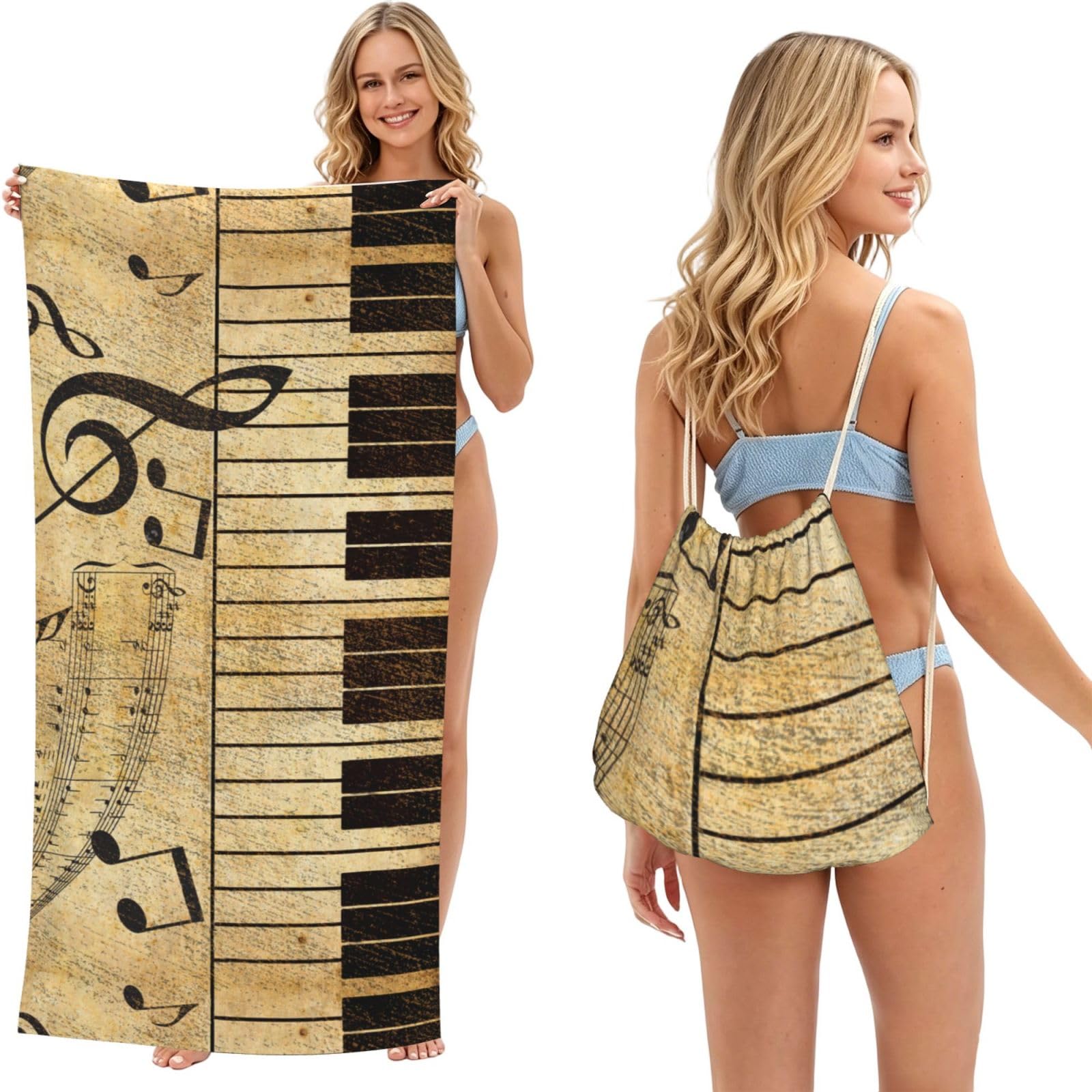 Poadnly As Picture Vintage Music Note Piano, 2 In 1 Packable Towel Bag, Beach Towels With Drawstring Backpack For Travel Holiday Camping
