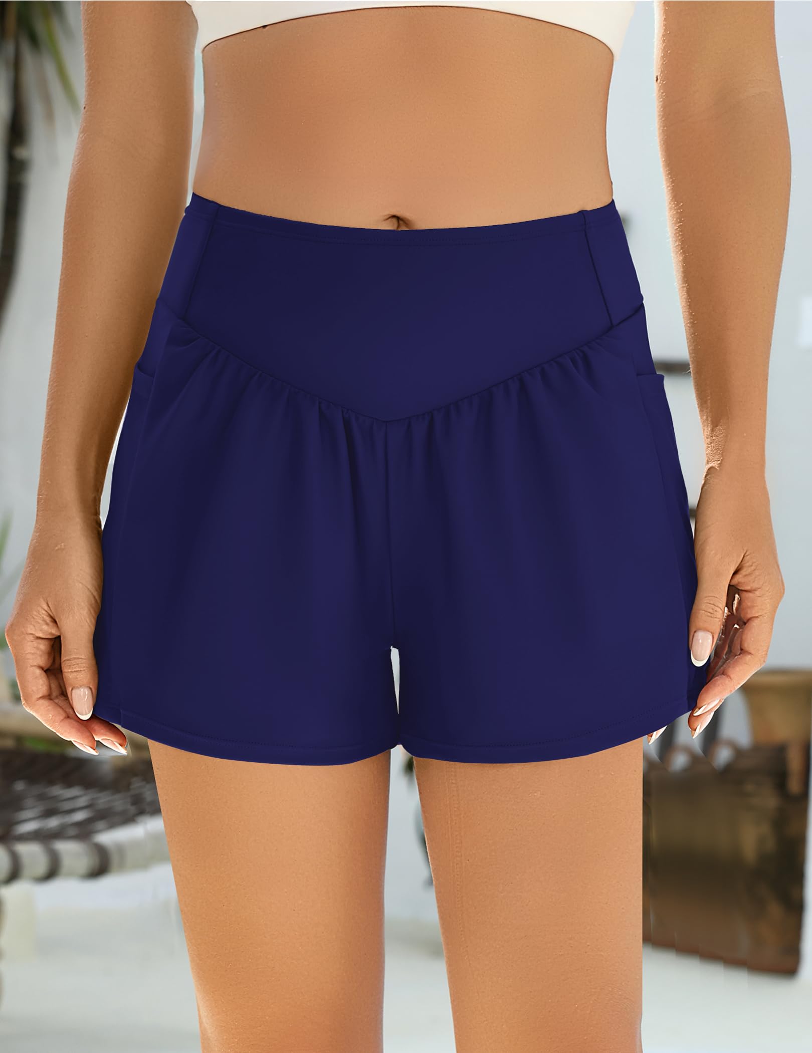 Ekouaer Shorts de Natación y Baño para Mujer Mujeres Secado Rápido Shorts de Baño de Verano con Bolsillo Shorts de Cintura Alta S-XXL