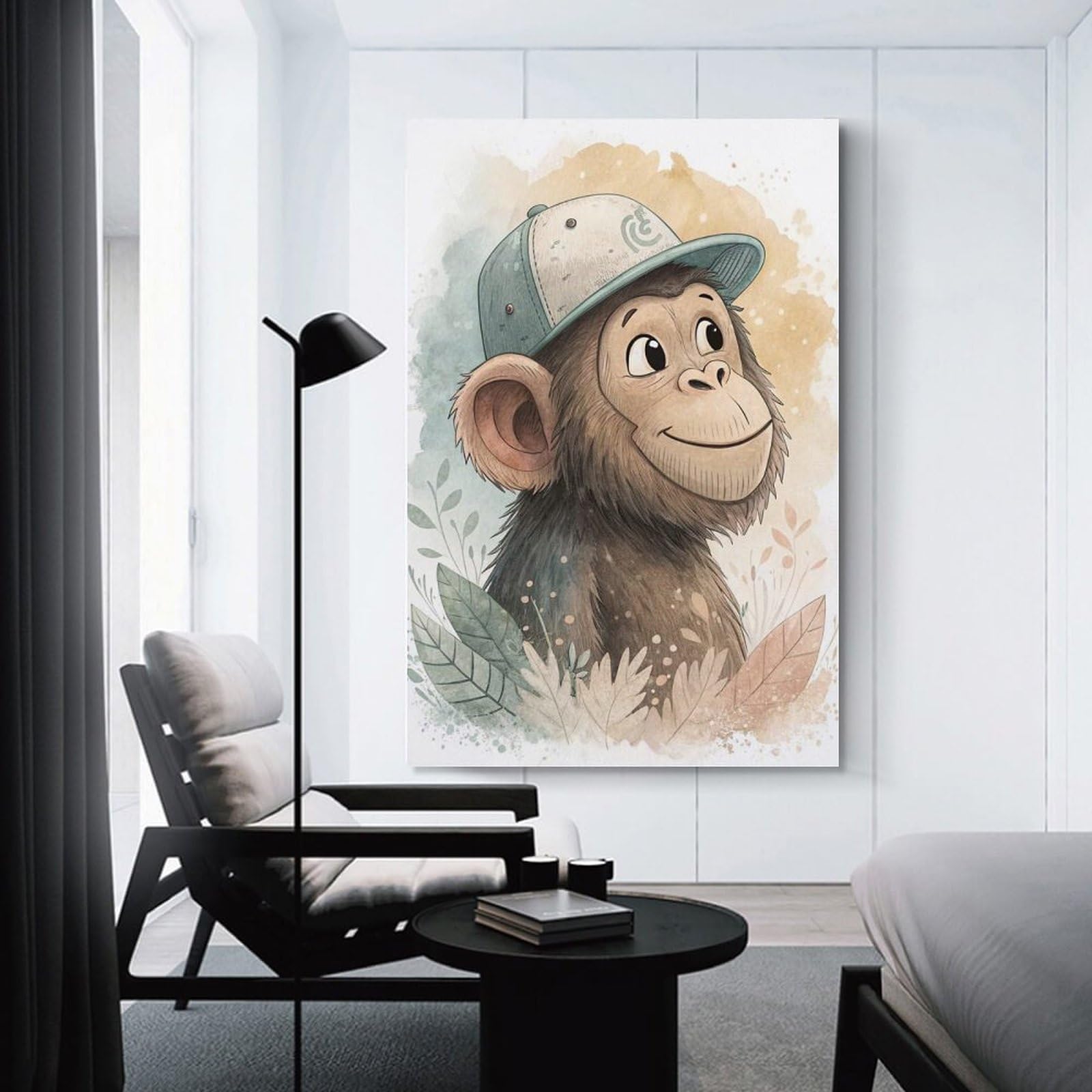 Junmoney Decorative Wall Artwork Cute Monkey Wearing A Baseball Cap, 16x24inch(40x60cm), for Lounge, Bedroom Or Personal Spaces, Gift Idea for Housewarming And Birthdays