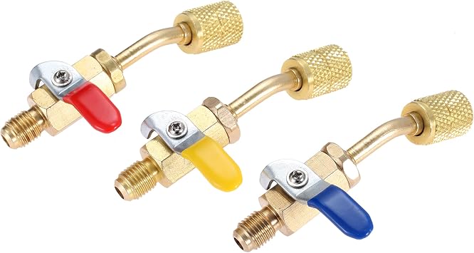 Aupoko R410A Angled Compact Ball Valve 5/16 SAE Female to 1/4 SAE Male, 3 Colors Shut-Off Ball Valve Adapters, for HVAC Air Conditioning Refrigerant R134A R12 R22 R502