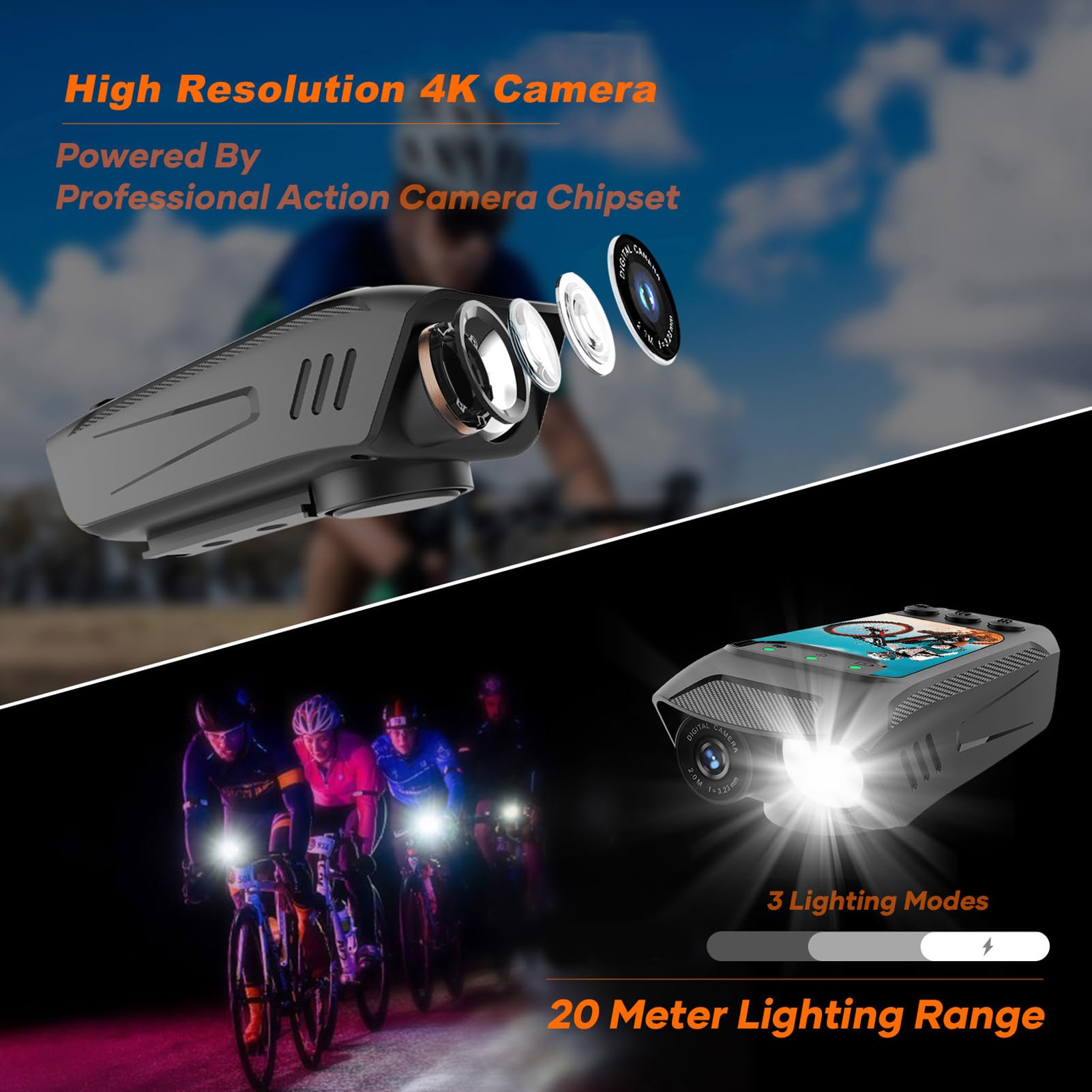 Macchina fotografica di ciclismo 4K con 60fps Video IPX5-2 IPS Schermo WiFi per il pendolarismo notturno