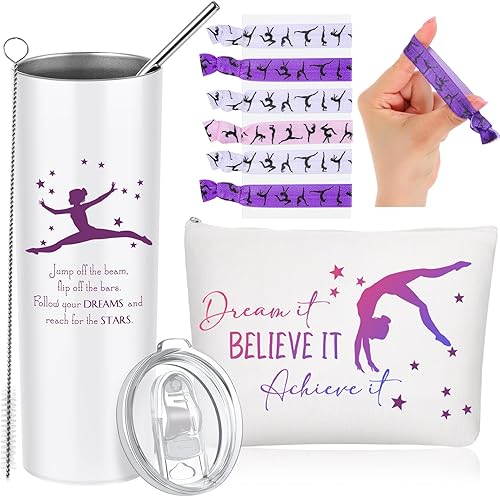 Miniatura 7 de Junkin 3 piezas de regalos de gimnasia para mujeres, incluye vaso de acero inoxidable con bolsa de maquillaje y pajita, lazos elásticos para el