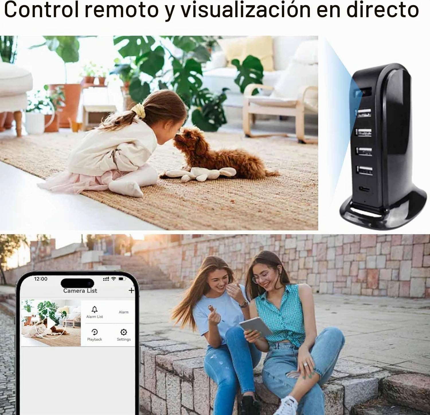 4K Cargador USB WiFi HD 1080P Oculta Mejorado Cámara espía de 5 Puertos, Enchufe inalámbrico, Mini cámara para vigilancia del hogar con detección de Movimiento Control Remoto