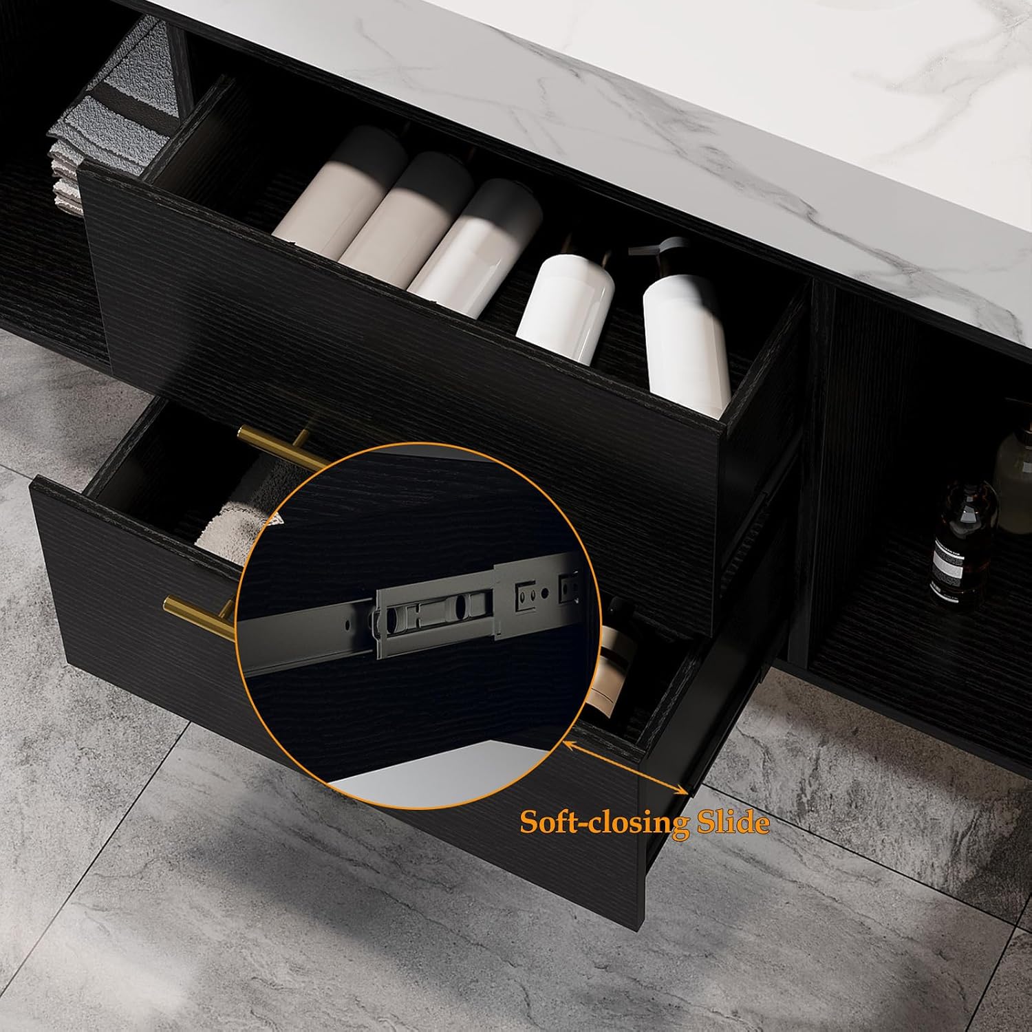 Glintee 40" Modern Floating Bathroom Vanity with Ceramic Sink, Sintered Stone Top, Solid Wood Cabinet - 2 Drawers & 2 Open Shelves,Easy Assembly,Black.