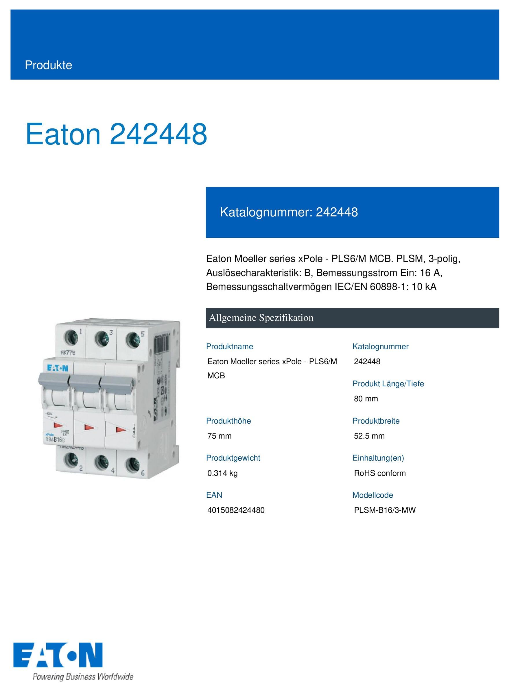 Eaton PLSM-B16/3-MW Leitungsschutzschalter 16A 3-polig 3P 10kA B-Charakteristik LS-Schalter (242448 ALT 244976)