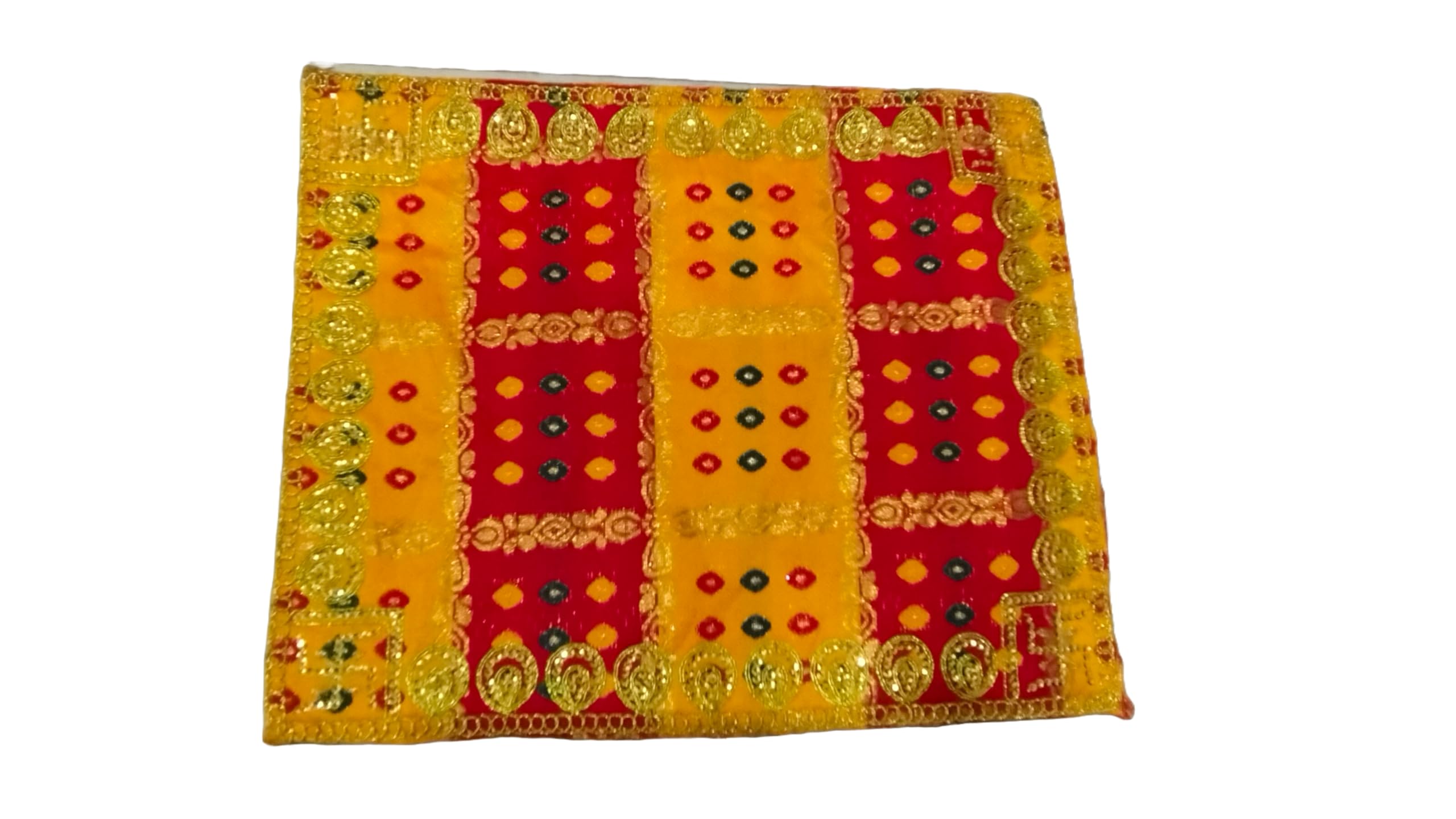 Decorative Pooja Aasan Mat, Red and Yellow Cotton Mix Traditional Design with Gold Border, Temple Prayer Mat for God Idol, Temple Shelf and Other Puja Rituals in Rectangle Shape(30 * 24 CM)-image-8