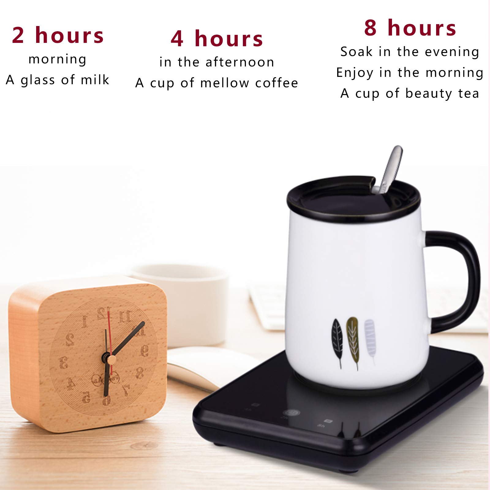 Réchauffeur Pad Tasse Électrique de Bureau Thé Café Tasse Contrôle D'écran Tactile, Réchauffeur de Tasse de Café, Imperméable, Résistant à l'usure et Facile à Nettoyer,Noir,Cups and Pads