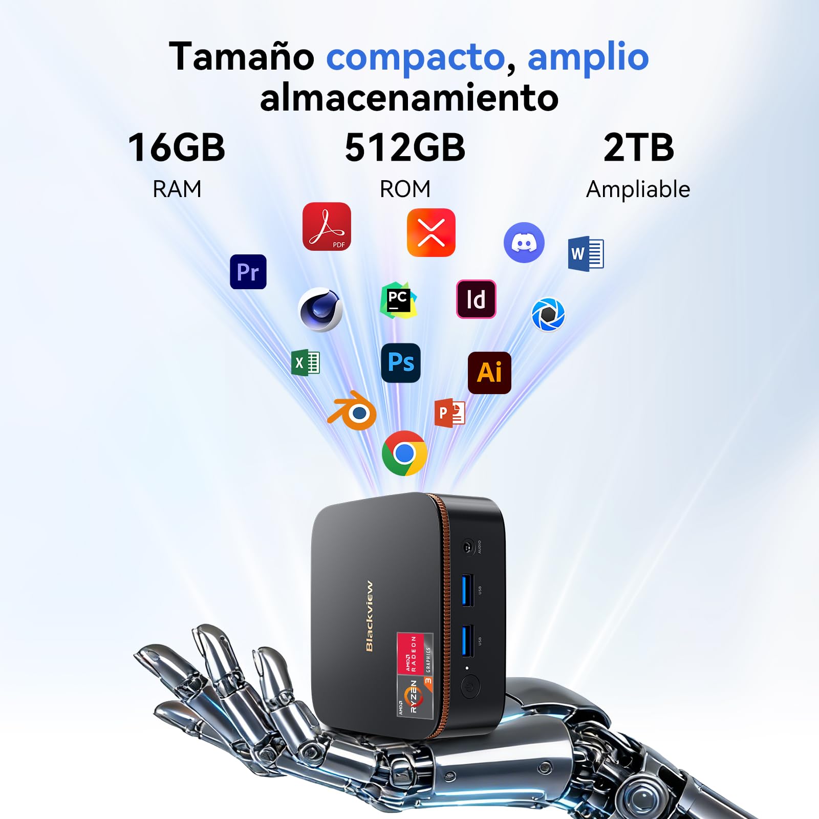 Blackview MP20 Mini PC AMD Ryzen 3300U W-11 Pro (Defeat N95/N150), 16GB RAM 512GB SSD Mini Ordenador de Sobremesa, 4K@60Hz UHD, USB 3.2+HDMI+DP+RJ45 para Negocios/Escuela/Oficina-Garantía de 3 años