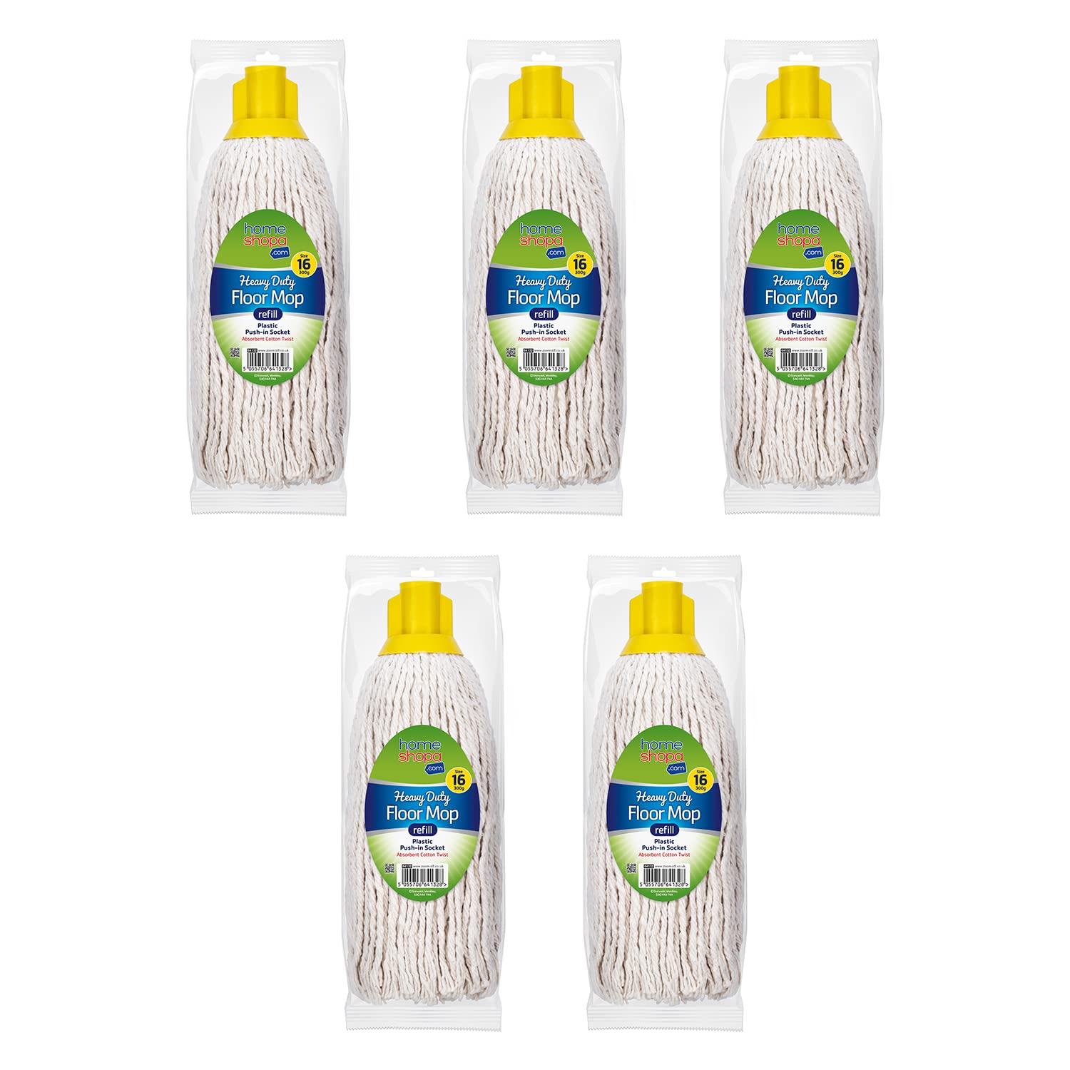 Homeshopa.com 5 Pack Homeshopa Mop Heads Replacement, 16 Size Yellow Colour Coded Self Threading Plastic Push In Socket Refill Head, Super Absorbent Wet & Dry Floor Cleaning For Domestic & Commercial Use
