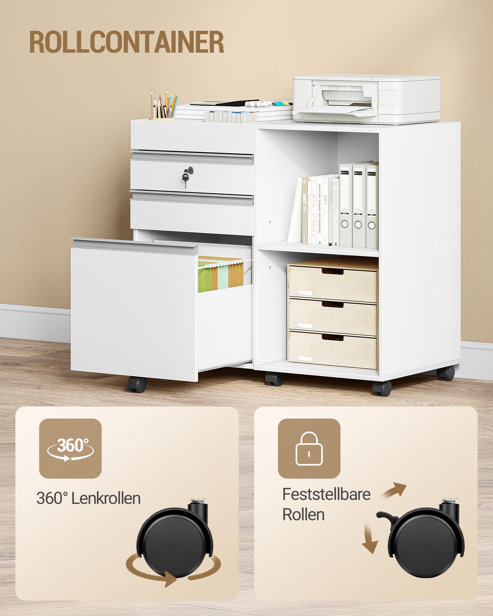 Hzuaneri Rollcontainer 3 Schubladen 2 Fächer Hängereg. weiß | Mobil,3 Schubl,2 offene Fächer, Hängereg. Für A4,Letter. Büro,Homeoffice. Weiß, stabil. Ref. FC42003X.