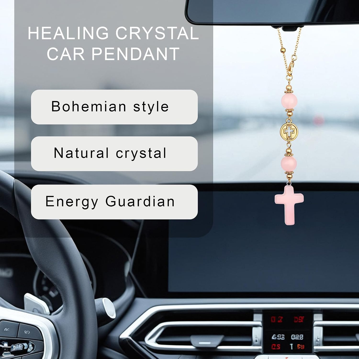 Cross Crystal Hanging Car Charm,Cute Healing Stones Car Decor for Rear View Mirror Boho Handmade Sun Catcher Ornament Accessories Rose Quartz Crystal Protection for Women