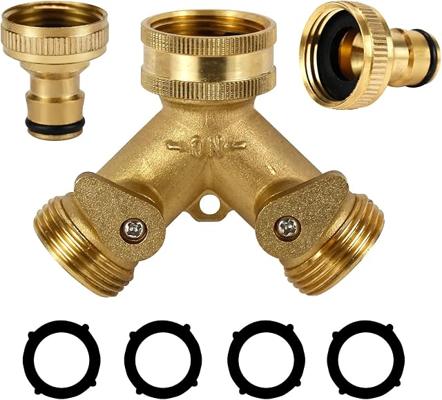 VISCAL 3/4" Tap Y Splitter Brass Manifold, Two Way Hose Tap Connector, Outdoor Double Y Valve Water Tap Splitter With Individual On/Off Valves, for Standard Faucet update