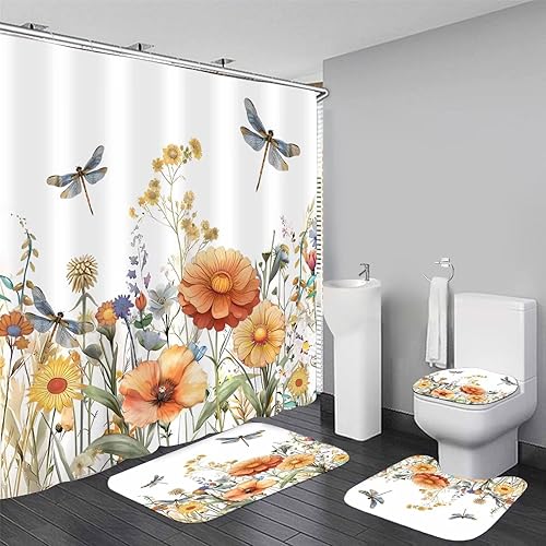 Miniatura 27 de DDQQ Juego de cortinas de ducha de hojas verdes con alfombra antideslizante, cubierta para tapa de inodoro y tapete de baño, juego de cortinas