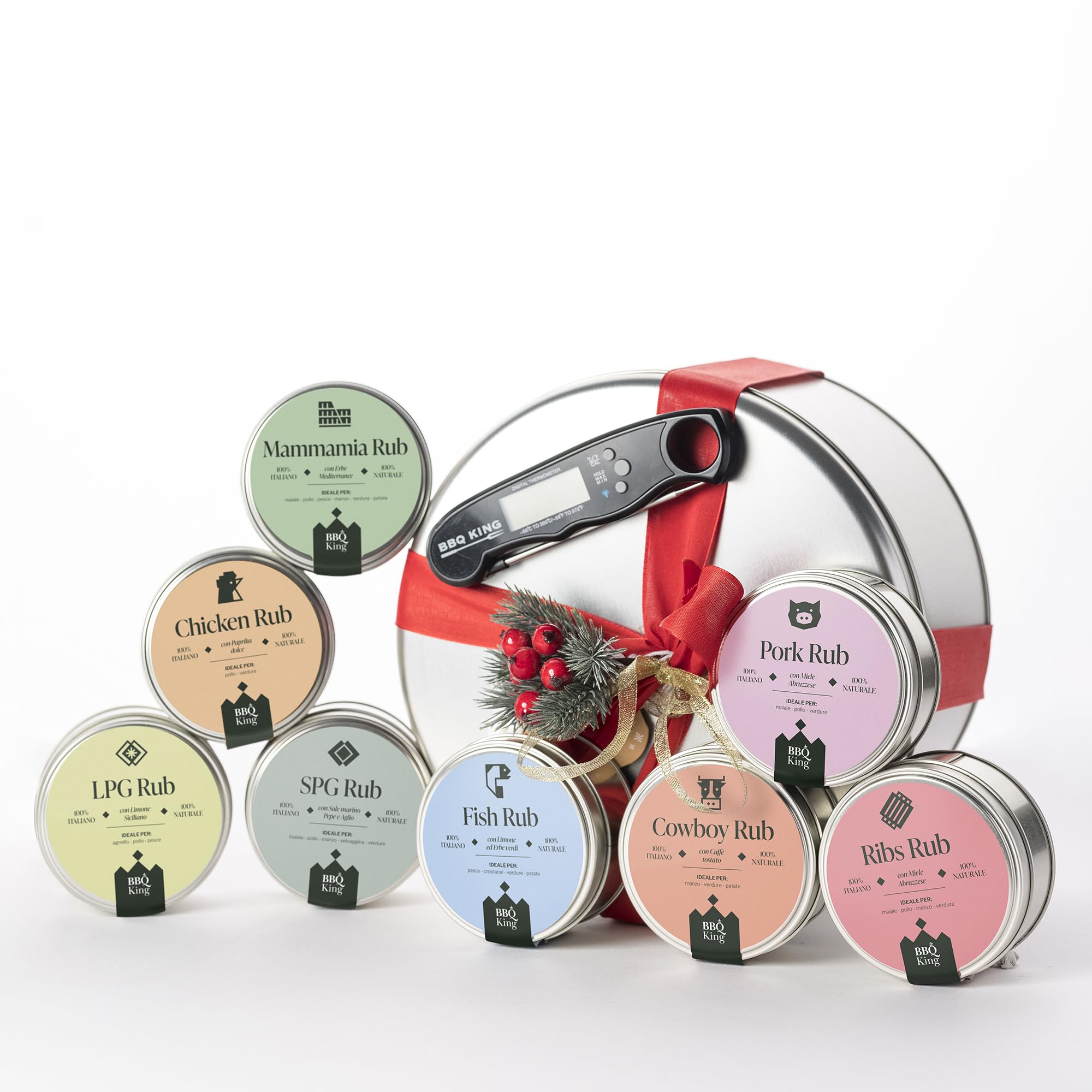 BBQ KING - Christmas Box Rub, Scatola Regalo per Natale, Ottima Idea Regalo, Set Spezie Cucina 100% Made in Italy, Selezione di Spezie BBQ KING + Termometro con Lettura Istantanea