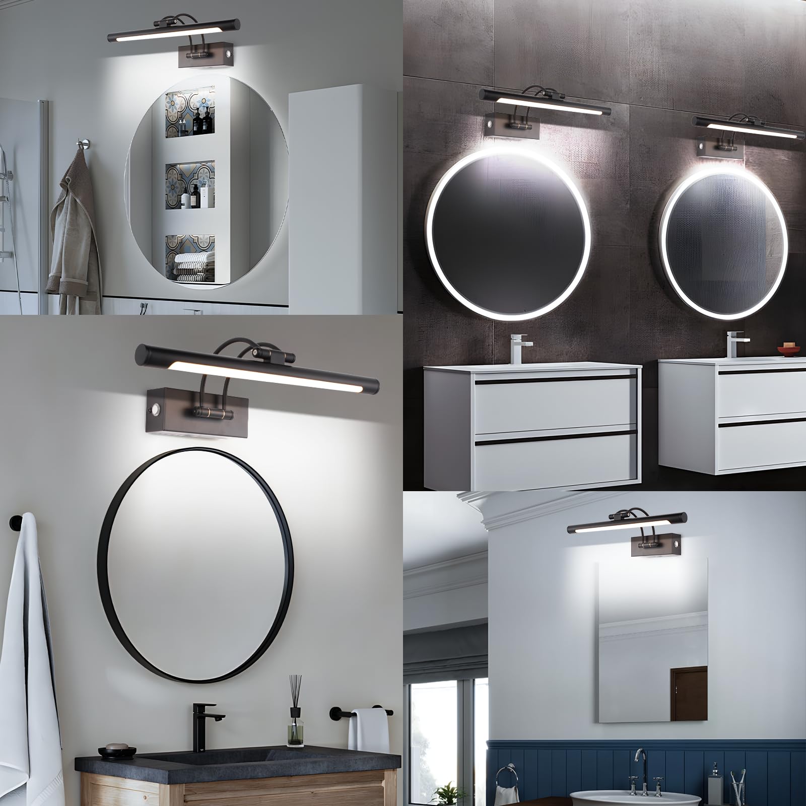 MantoLite LED Regulable Lámparas de Pared 10W,40CM Interior Iluminación para cuadros y expositores Cabeza Giratoria Lectura Lámpara,Negro Baño Espejo Apliques de Pared 3000K/4000K/6000K