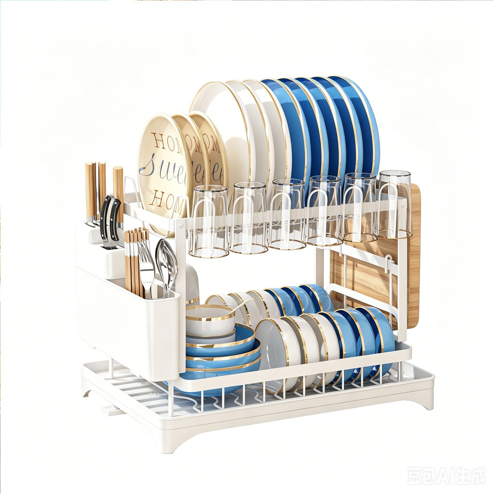 Tbatm White 2 Tier Dish Rack With Drainboard And Swivel Spout, Utensil Holder Organizer, Kitchen Countertop Drainer For Dishes, Bowls, Cups And Cutlery,,Full Set Edition