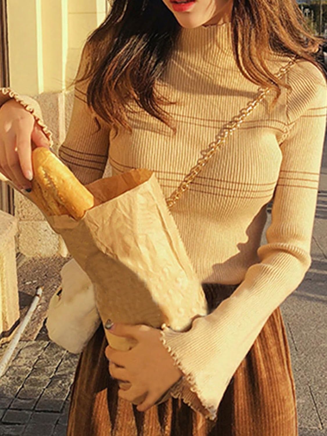 Women's Sweater Striped Print Mock Neck Ribbed Knit Sweater Sweater for Women (Color : Beige, Size : Large)