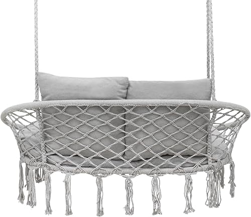 Miniatura 10 de Magshion Hamaca de 2 asientos con 3 cojines, columpio colgante de macramé con borlas, malla de cuerda de algodón estilo bohemio para uso en