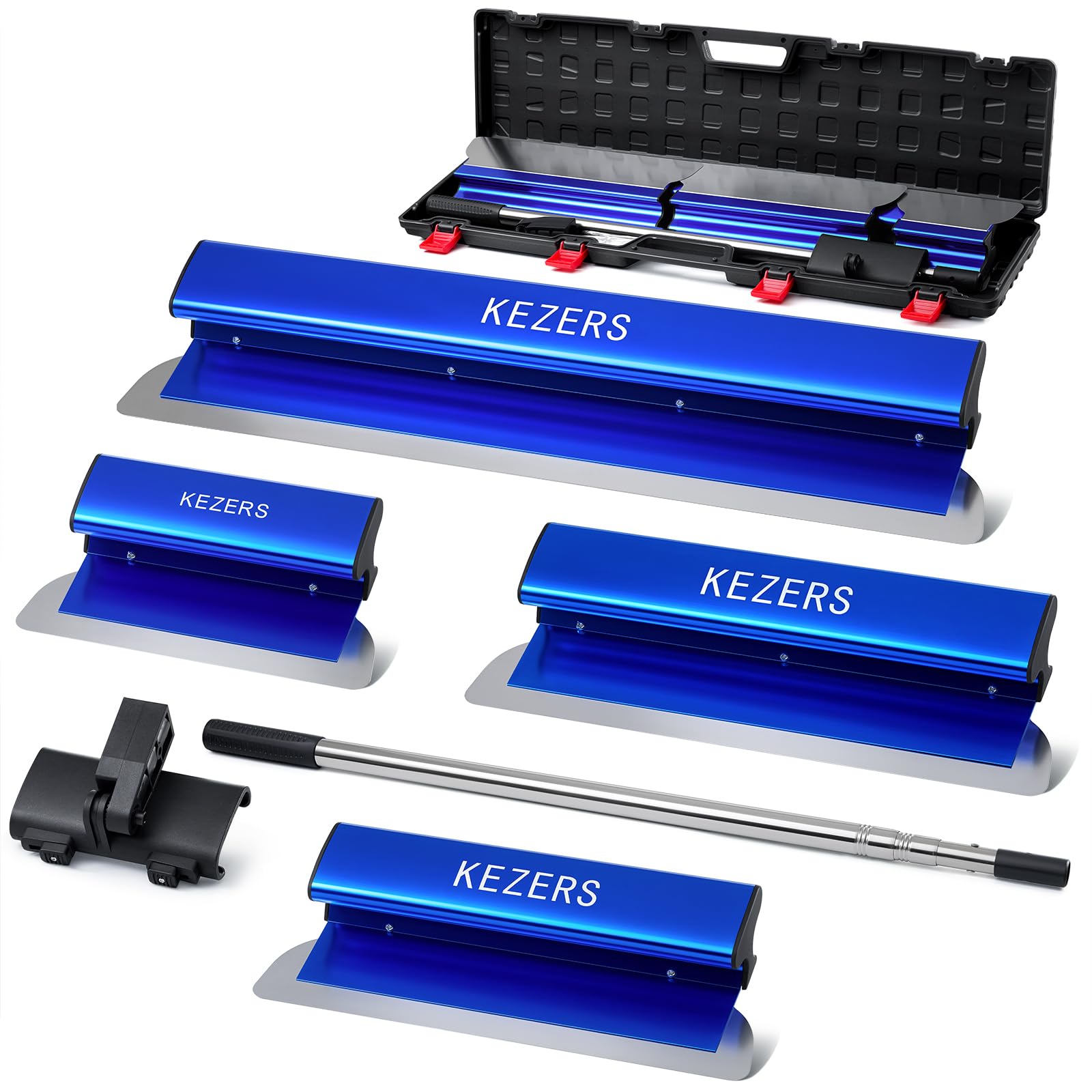 KEZERS Flächenspachtel Set 4-teilig (20 30 40 80cm) | Spachtel Werkzeug im Koffer, Ergonomischer Griff, Teleskopstange, Zum Verputzen von Wänden und Decken