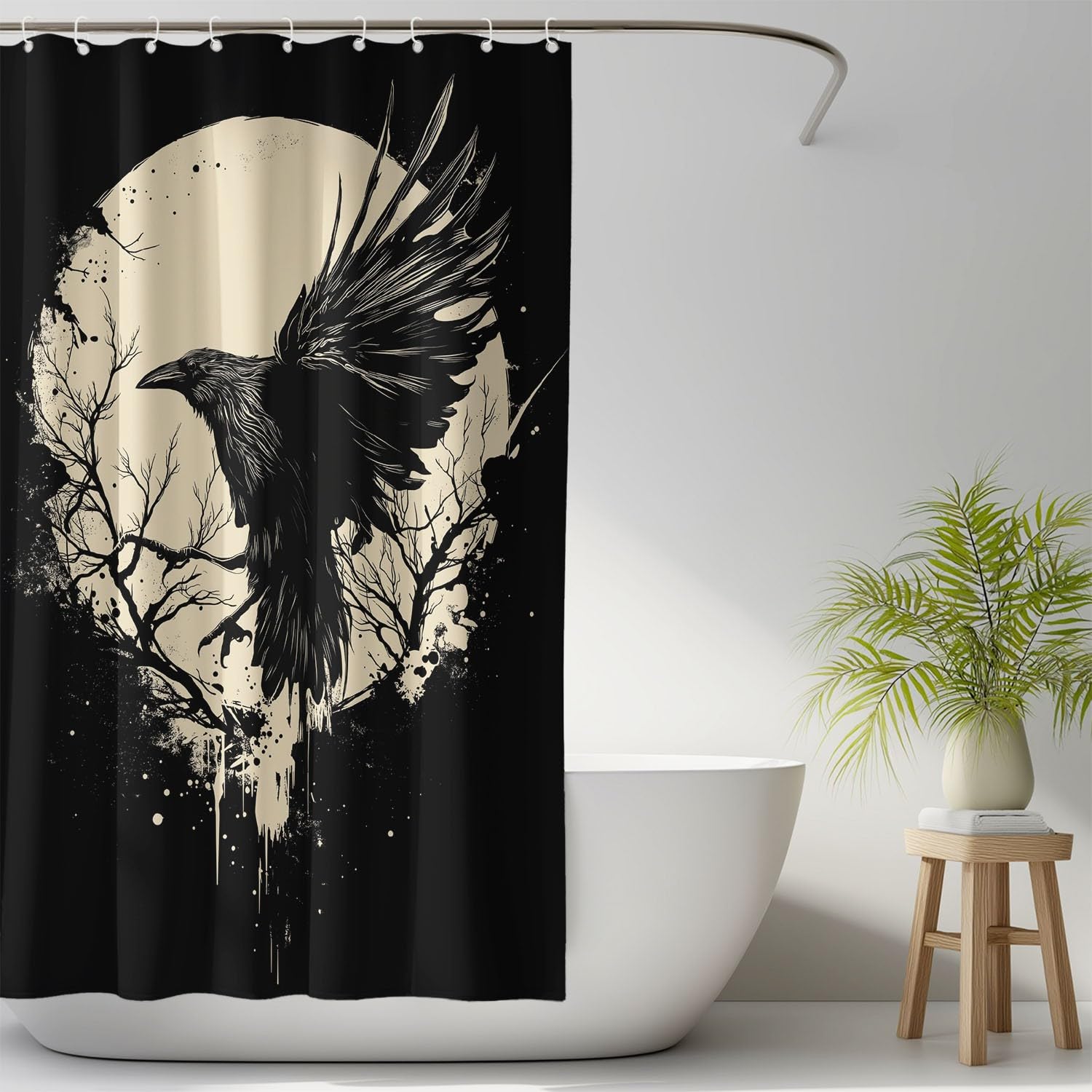 Generico Stile gotico Tenda Da Doccia Fantasia Corvo Paesaggio Nero Beige, Tenda Da Doccia Per Bagno, Vasca Da Bagno, Tenda In Poliestere Impermeabile Con Ganci In Plastica, 180 x 200 cm