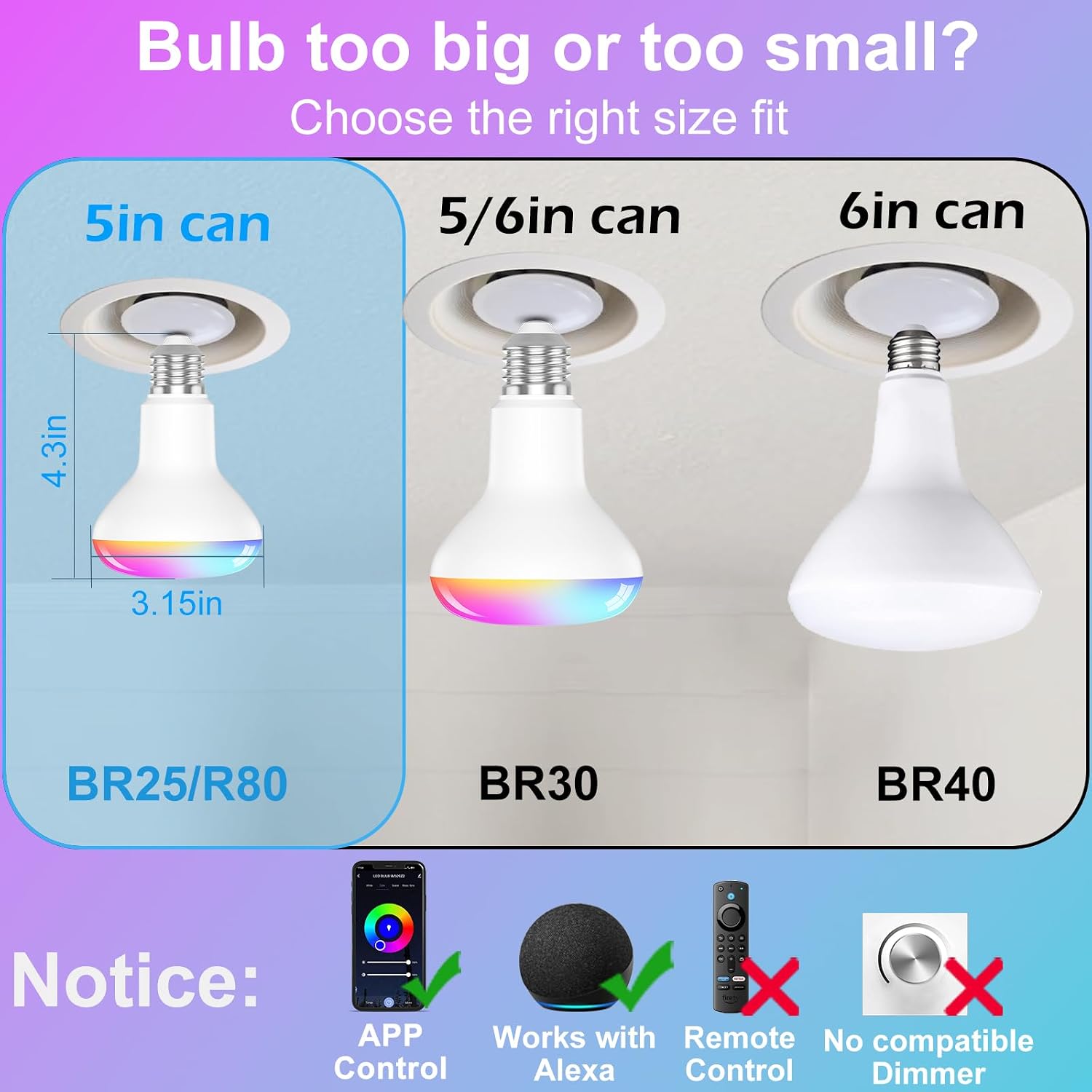 Smart RGB Bulb,BR25/R80,Smart Bulbs Compatible with Alexa,Color Changing LED WiFi Bulb 12W,2.4Ghz WiFi Only.E26/E27Base,4Packs