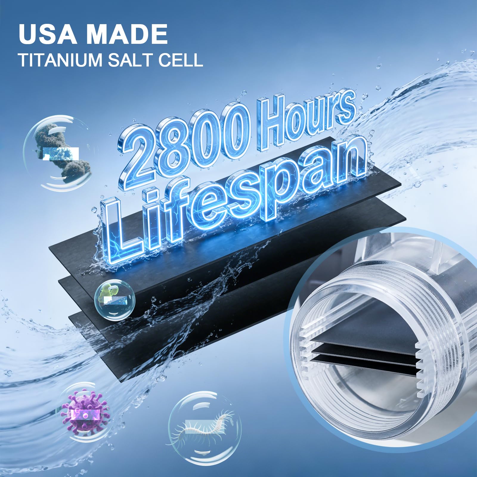 Générateur de chlore salé pour piscine d'eau salée avec cellules en titane fabriquées aux États-Unis, jusqu'à 20 000 litres, compatible avec les piscines Intex, pas d'arrêt soudain causé par