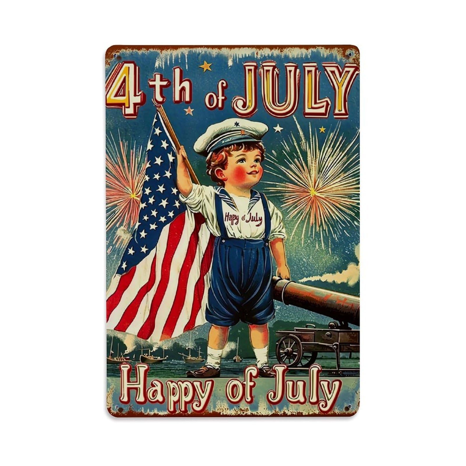 Jdyaojiesheng Boys Vintage Fourth Of July Flag Fireworks Tin Sign Retro Metal Wall Decor Metal Poster, Home Bar Garage Farmhouse Cafe Wall Art Decoration 8X12inches