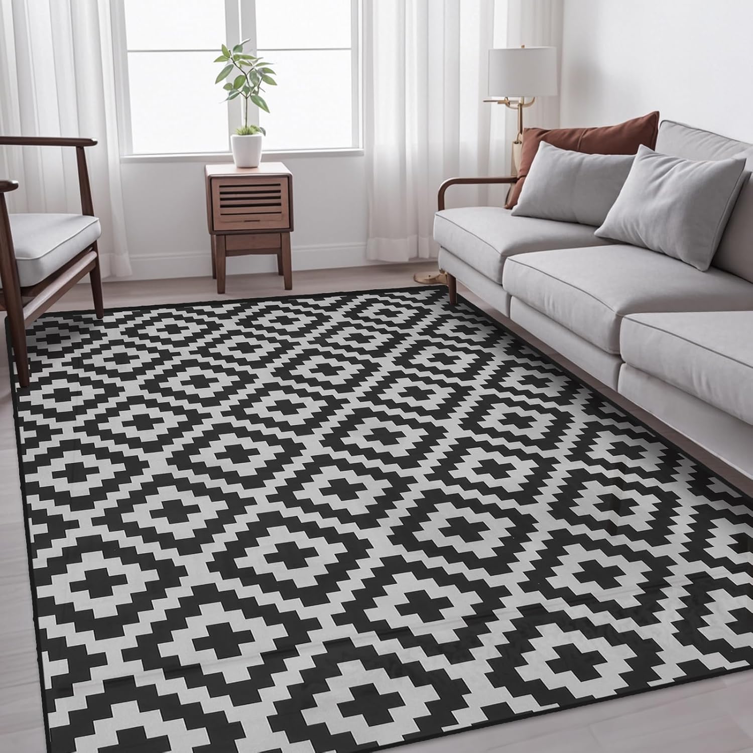 Boho 6‘x9’ Soft Area Rug with Nonslip Backing for Living Room, Bedroom, Dinning Room, Low Piles Carpet Mat Indoor and Outdoor Rug, Black&Gray