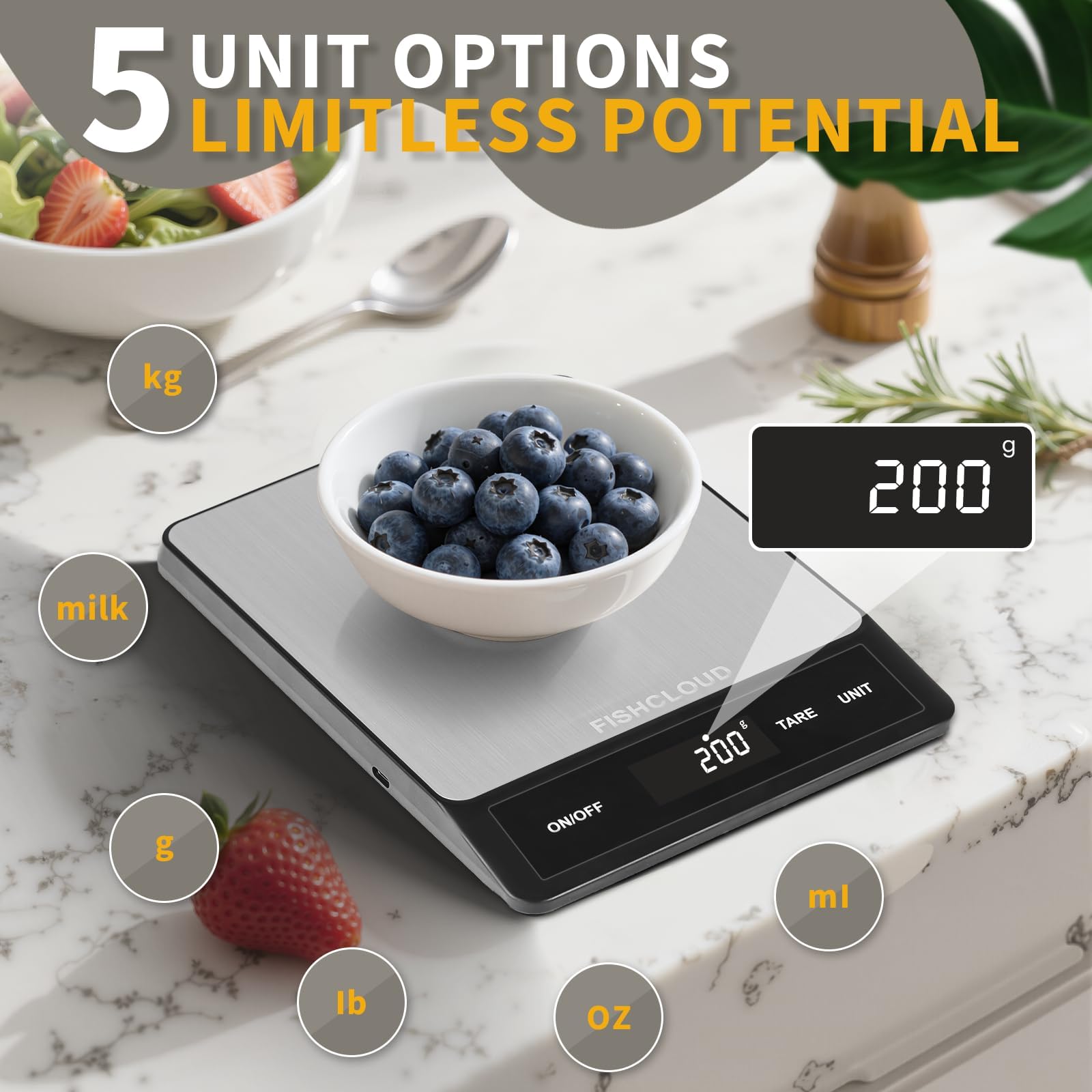 Lebensmittelwaage, wiederaufladbare digitale Küchenwaage, 15 kg, 1 g Präzision, Typ-C, Edelstahl, Gramm/Unzen, LCD-Display, wasserdicht, zum Kochen, Backen, Mahlzeitenvorbereitung, Aschsilber