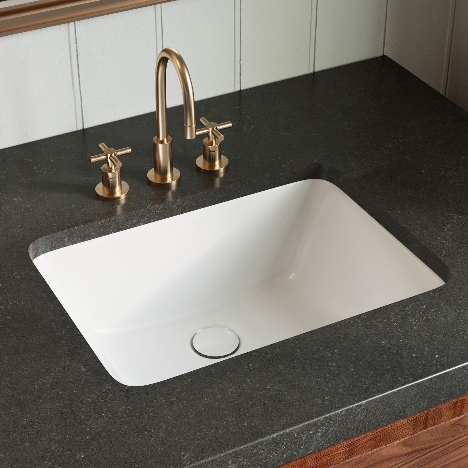 Fregadero de baño rectangular de 51 cm x 38 cm, de cerámica blanca con desbordamiento, ahorro de espacio, de porcelana vítrea, bajo encimera